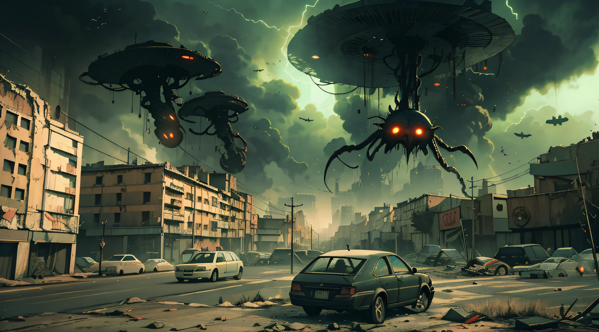 "Creepy and intense alien invasion scene with dark atmosphere, dramatic lighting, and intense action. Show powerful extraterrestrial creatures, advanced technology, destroyed cityscape, panicked civilians, and a sense of imminent danger. Generate an unsettling and immersive image that captures the chaos and terror of an otherworldly invasion."