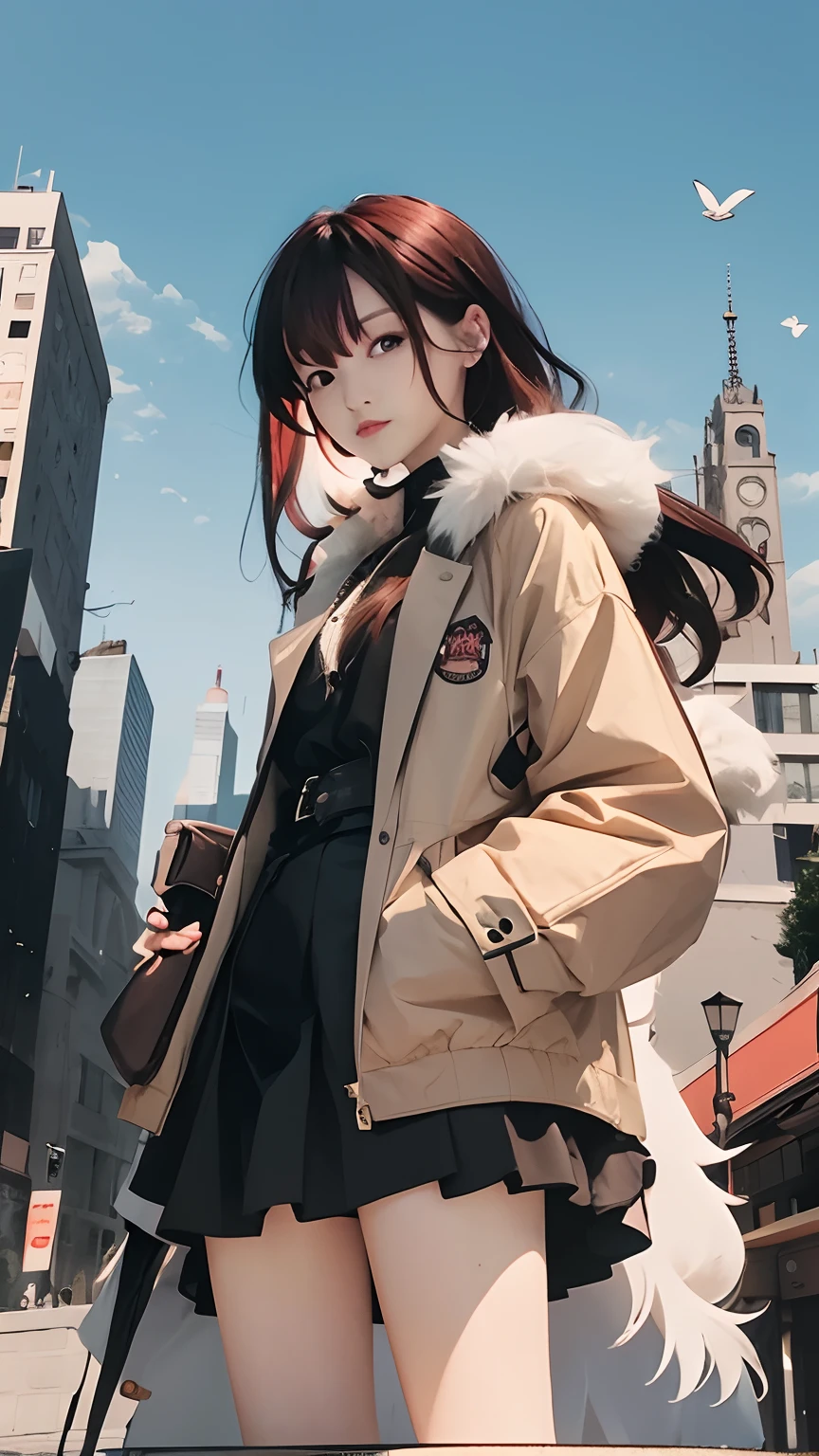 Red hair, black skirt, brown jacket