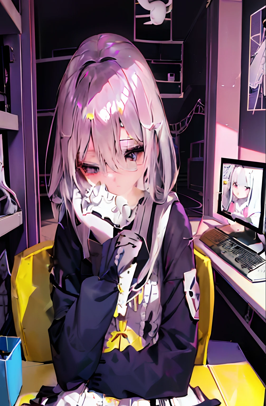 Anime girl with white hair and glasses standing in front of a building, Pale Young Ghost Girl, White twintails_gloves, white cat girl, white dress, curved small, ((Wear a noble robe.)), frilly series, white ( cats ) youthful, Clear costume design, Dress up in frilly ((bumpy)), White hair frowned.