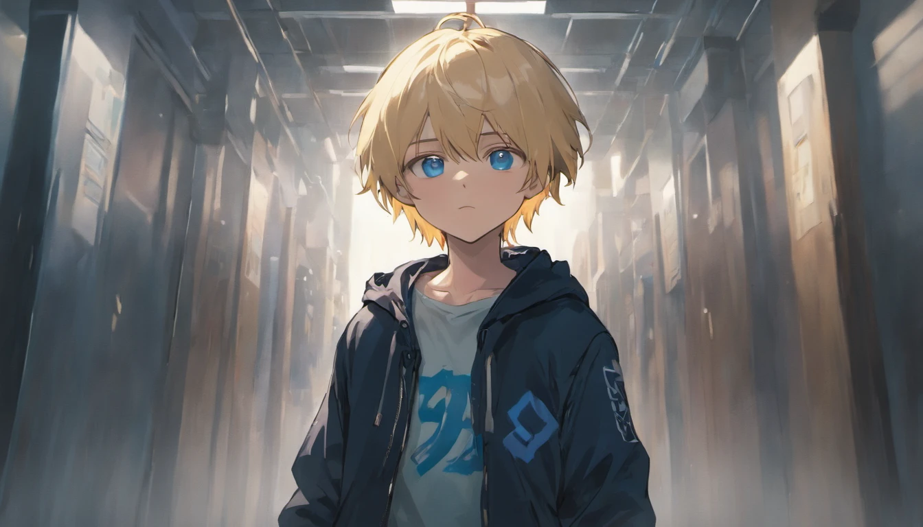 a boy with blonde hair blue eyes, walking, black jaket, blue jeans, face down, school corridor, illustrations, 4k, face only, from the front