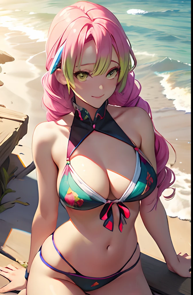 One girl、Ultra-realistic 8kCG,tmasterpiece,((hyper detailed background,delicate patterns,intricate-detail)),best qualtiy,extremely detailed man,extremely detailed eye and face,extremely detailed eye,Strip Strip,(Trepical Garden:1.2),the beach,rays of sunshine,Tyndall effect,enchanting posture,(large full breasts:1.3),(cleaveage:1.3),(Off-the-shoulder costumes:1.5), (((The bikini))), colourful hair、 The whole body is reflected、 sexypose、a smile