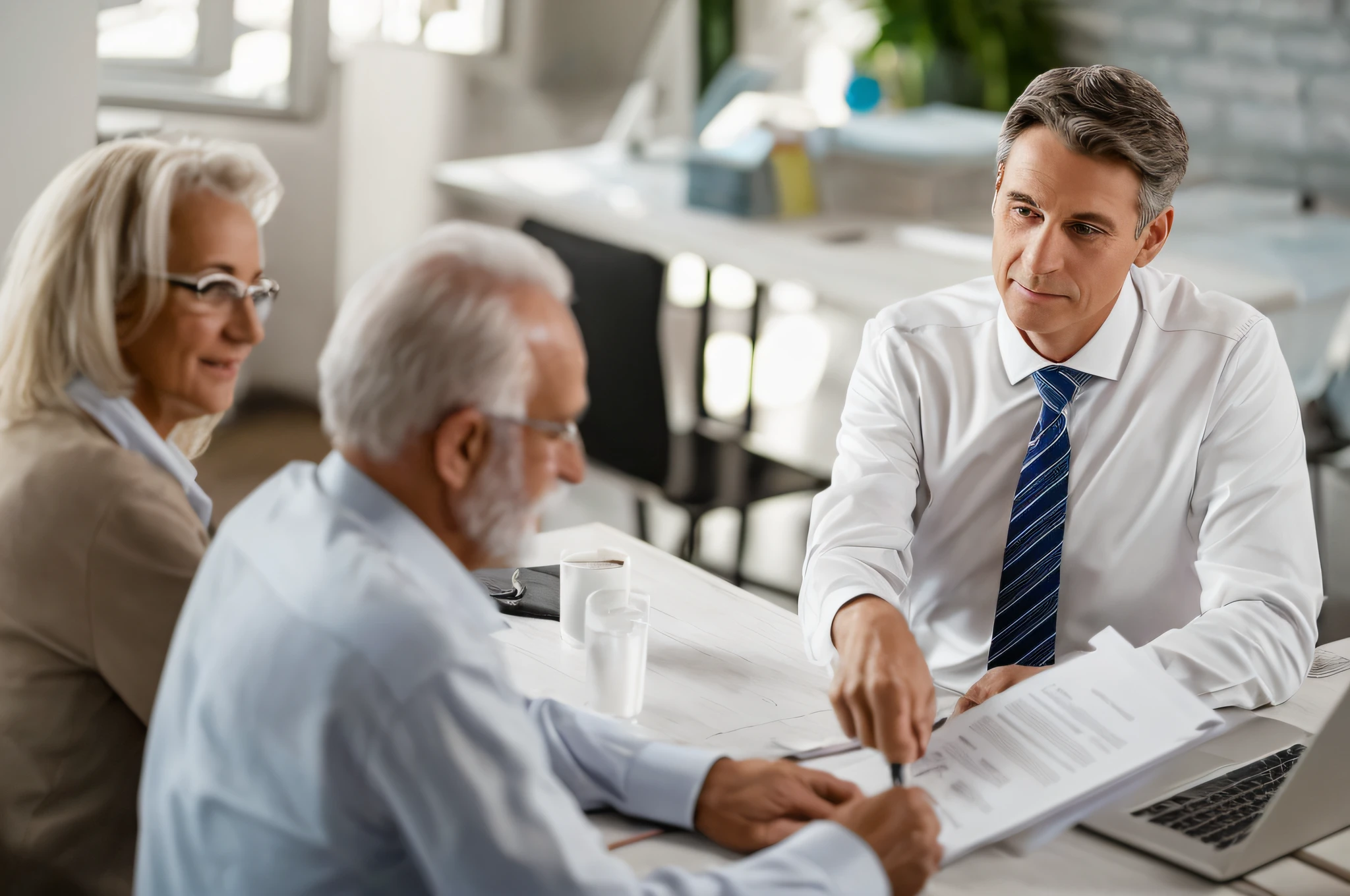 An elderly couple sitting at a table to sign papers in front of an insurance broker, fundo interessante, foto de retrato, olhando para a sua esquerda, imagem de alta qualidade, Directed by: Konrad Witz, em um fundo escuro, Venda de Seguros, Postagem no Reddit, tiro profissional, pièce de résistance |, business surrounding, Detalhe excepcional, alta qualidade de imagem, foto ainda, Full Resolution