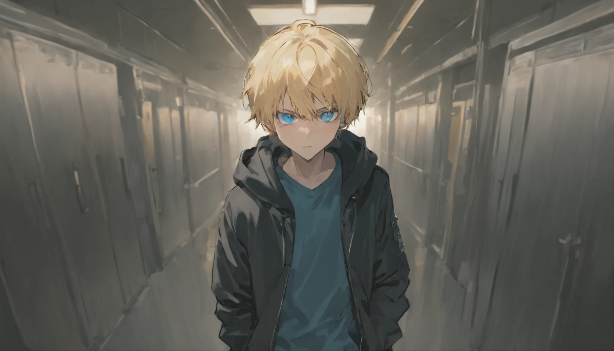 a boy with blonde hair blue eyes, walking, black jaket, blue jeans, face down, school corridor, illustrations, 4k, face only, from the front