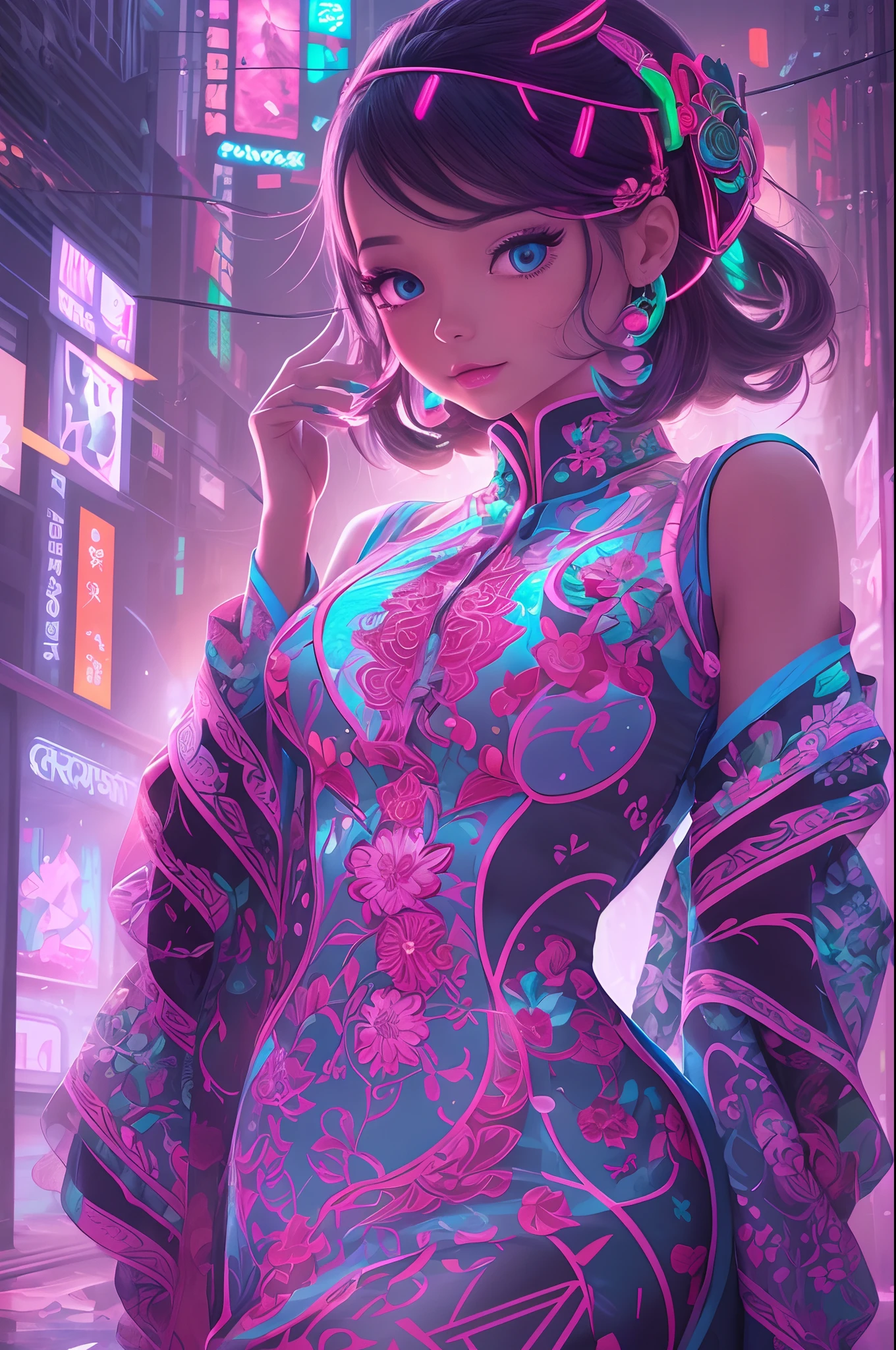 A digital girl, partly hologram, wearing a saxy Cheongsam dress, surrounded by vibrant colors and neon lights. Lit by soft studio lighting, the image captures the essence of futuristic technology blended with traditional fashion. The girl has flawless, detailed features, with beautiful, detailed eyes and lips. Her expression is confident and alluring, adding to her mysterious charm.
The hologram effect is rendered using ultra-high resolution techniques, resulting in a realistic and photorealistic appearance. The details are incredibly sharp, enabling viewers to appreciate every intricate line and texture. The Cheongsam dress she wears is exquisitely designed, with intricate patterns and vibrant colors that accentuate her figure.
The background features a bustling cityscape, with tall skyscrapers and futuristic architecture. The colors are vivid and dynamic, incorporating a mix of vibrant blues, purples, pinks, and neon lights. The scene is bathed in a warm, futuristic light, creating a unique atmosphere and emphasizing the digital nature of the girl.
The art style combines elements of both illustration and photography, resulting in a captivating mix of realism and artistic interpretation. The overall color tone is futuristic and vibrant, with a touch of retro aesthetics. It evokes a sense of energy and excitement, making the image visually compelling and striking.
The prompt encapsulates the essence of a digital girl immersed in a futuristic world, where technology and fashion blend seamlessly. It promises a high-quality and visually stunning image that captures the imagination and leaves a lasting impression.
