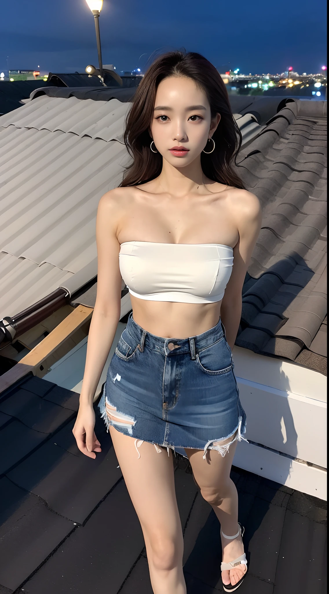((midynight, Need, 8K, tmasterpiece:1.3)), full bodyesbian, Long legs, Focalors:1.2, perfect figure beautiful woman:1.4, Slim abs:1.1, ((Dark brown hair, huge tit:1.2 )), (Flesh-colored skinny bandeau, short denim skirt, standing on your feet:1.2), ((city night scene, the roof:1.3)), Highly detailed facial and skin texture, A detailed eye, Single Eyelids,Fair and well-proportioned legs,Wear sandals,Reveals tender white toes,fully body photo