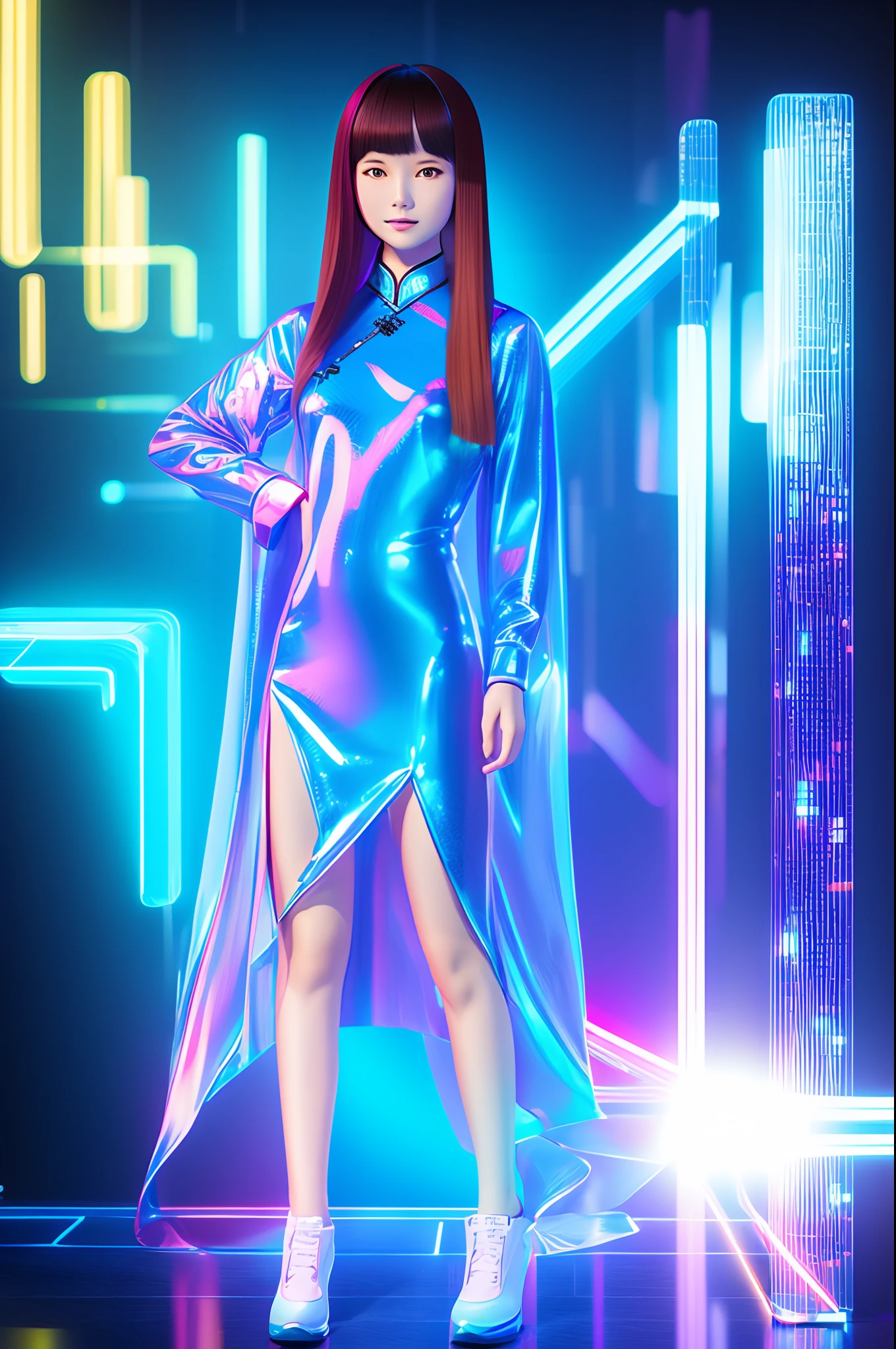 Digital girl, part hologram, saxy, Cheongsam