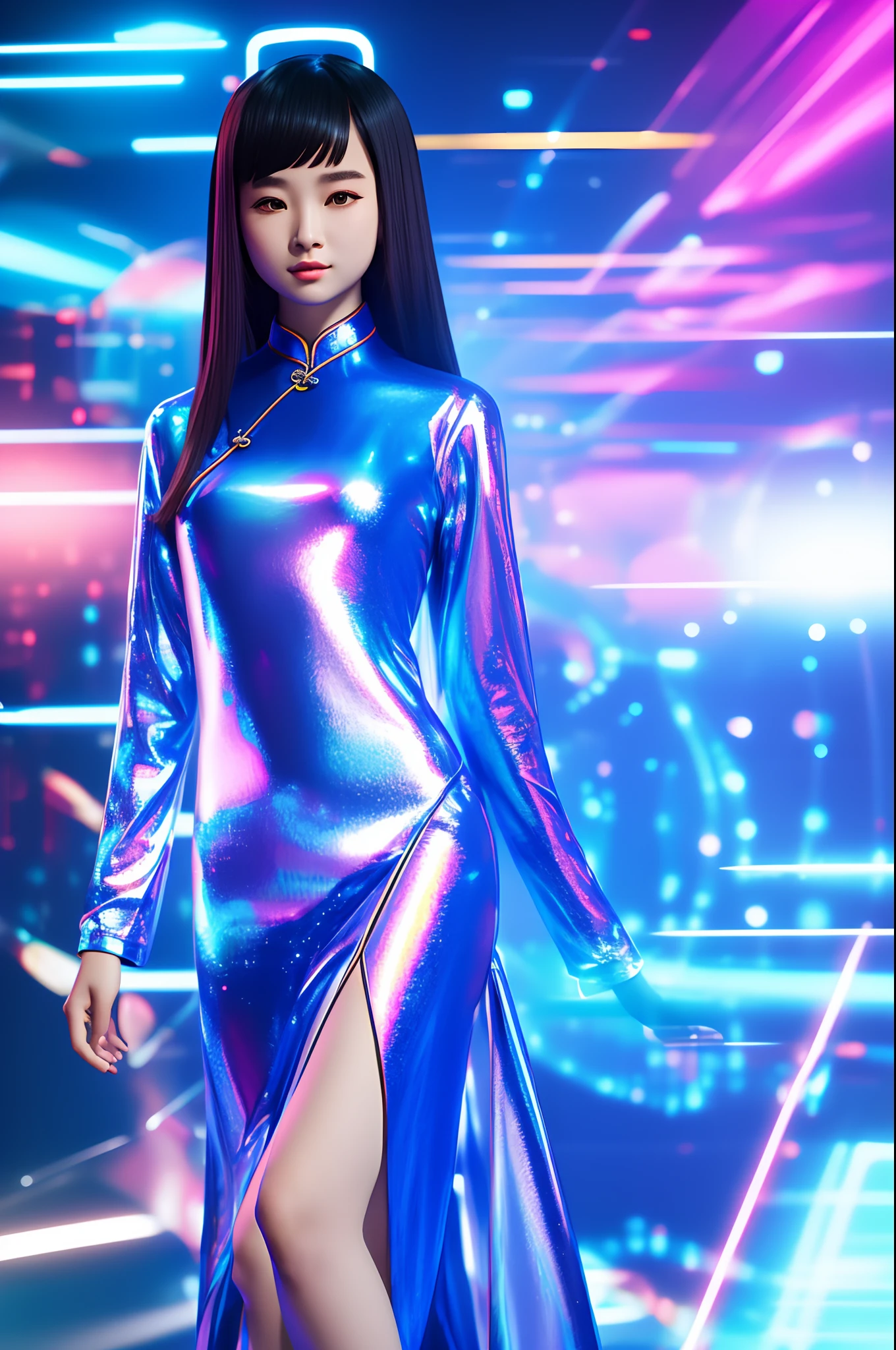 Digital girl, part hologram, saxy, Cheongsam