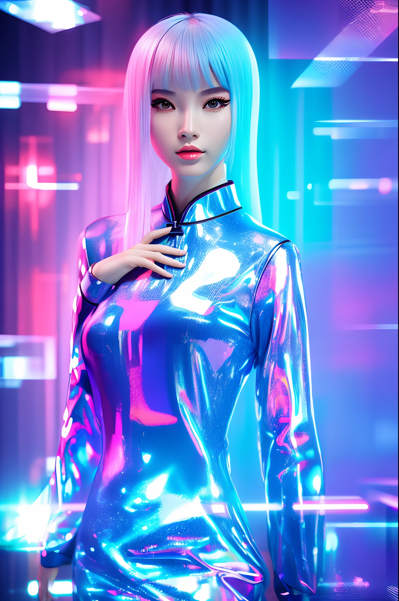Digital girl, part hologram, saxy, Cheongsam