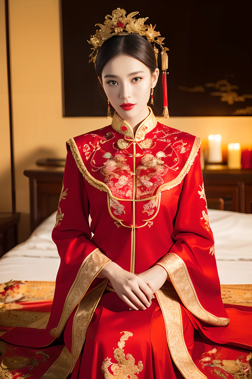 (ultra realistic 8k CG:1.2),perfect artwork,delicate pattern,intricate detail, (unparalleled masterpiece,best quality:1.2),(extremely intricate:1.2),a woman in a red and gold dress, Phoenix crown,hair stick,(sitting on red bed),Cosmetic,blush,shy,black_hair, looking down, Cosmetic,(forehead dot),(2 red candles), chinese_clothes, curtains, earrings, hair_ornament, hanfu, indoors, jewelry, red nails, long_sleeves, red dress, red lips, tassel, (Red quilt),(red palace:1.2),(ancient Chinese architecture),(red:1.8),night