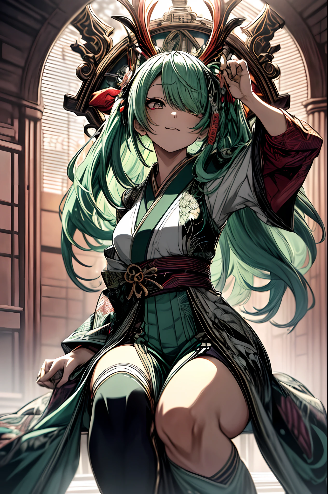 sitting hand between legs、sitting in a throne、Full body、Japanese dress、Kimono Dresses、long、miku hatsune、Green hair、Twin-tailed、Ahegao ( Silly / Sexual ecstasy)、Cross-eyed、Stranger、View other people、Blunt bangs、 over-kneehighs,Ahegao , Silly,Sexual ecstasy,Drunken eyes,Blunt bangs, Green hair,(masutepiece:1.2, Best Quality), (finely detailed beautiful eye: 1.2), (Detailed background,Dark Fantasy), (beautifull detailed face), High contrast, (Best Illumination, extremely delicate and beautiful), ((Cinematic Light)), Colorful, Hyper Detail, Dramatic light, Intricate details,