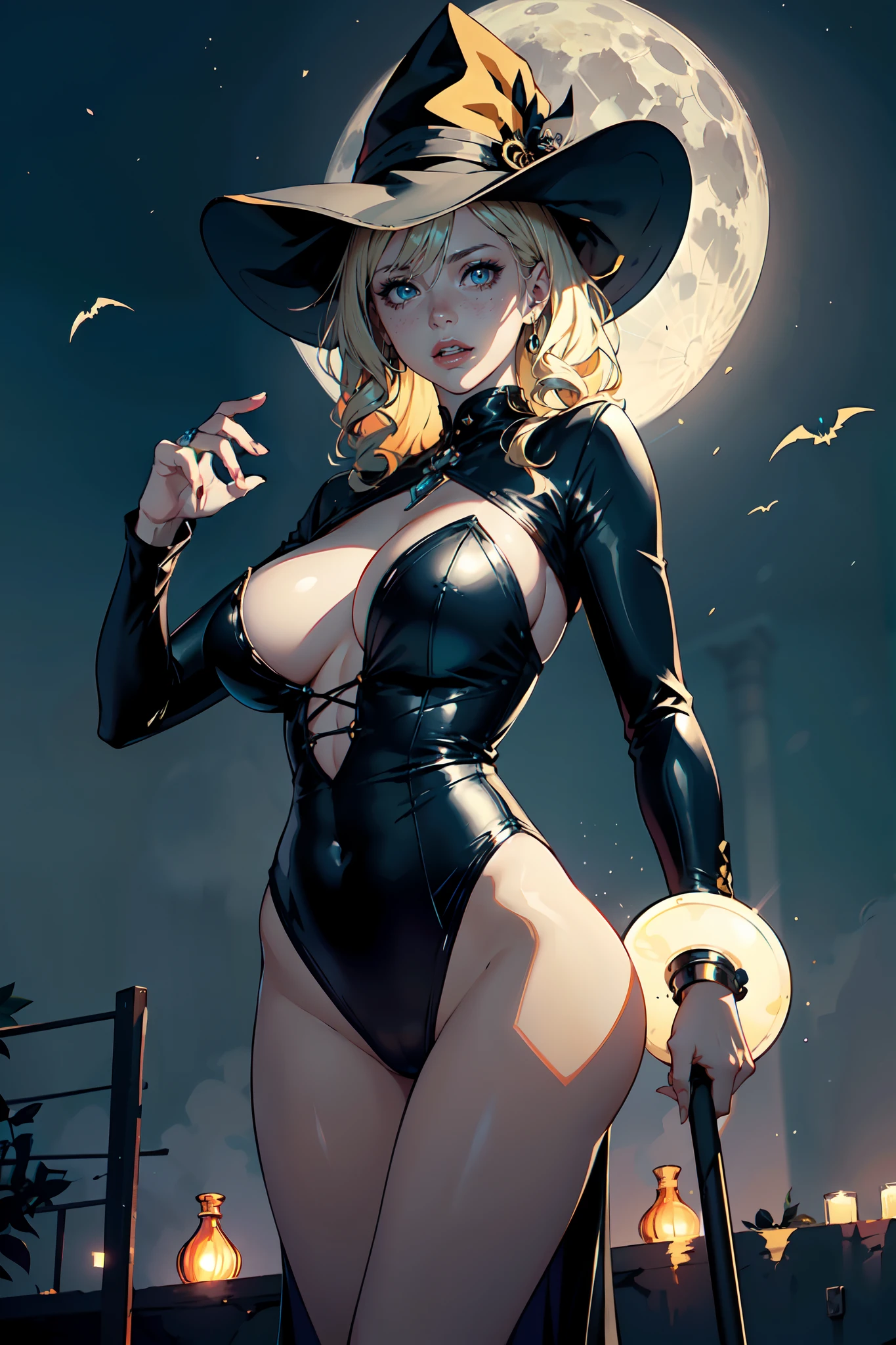 The photo was taken in a halloween background, and you can see the moon. The girl on focus, She is with facing the camera. She is standing and you can see her holding a staff. She is wearing a witch costume, with a very pointy hat, which is very nice, for roleplay porpuses, revealing her body, she has a black dress, and you can see her on her pretty outfit, so she looks really good. She is very excited and naugthy, and her shouldes are bare, she has huge breast, that are massive and insanely big. With a very clear sky. Her hair is blonde and short, with colored streaks, or blonde multicolored hair, which is short. She is reaching for the viewer with her hands, and she is very excited and happy, she has an evil grin, or maybe not. The shadows in the photo are impressive. The girl is illuminated perfectly. The rest of the photo is perfect with a very white background. This creates a sense of pleasure and intrigue. The colors are all vibrant and satisfying to look at. The face is very realistic, and she is very detailed as well, she is appealing to look at. The general mood of the photo is sensual and alluring. The girl is the center of attention of the photo, And its beauty is undeniable. The beautiful setting and dramatic colors create a sense of hypnosis and excitement. This photograph is a perfect example of professional cinematic photography. It is well lit, well-proportioned, And the theme is absolutely amazing. It is sure to attract the attention of anyone, Who will see it. You could put a ornaments in her hair. Whatever, As a result, the photo will be composed?, It is sure to be a stunning and memorable image.