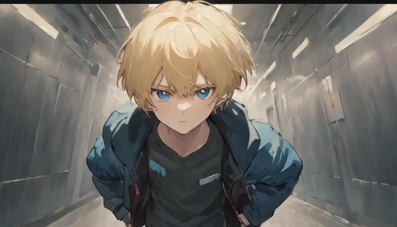 a teenager boy with blonde hair blue eyes, walking, black jaket, blue jeans, face down, school corridor, illustrations, 4k, face only, from the front, inner devil, vibe dangerous evil red
