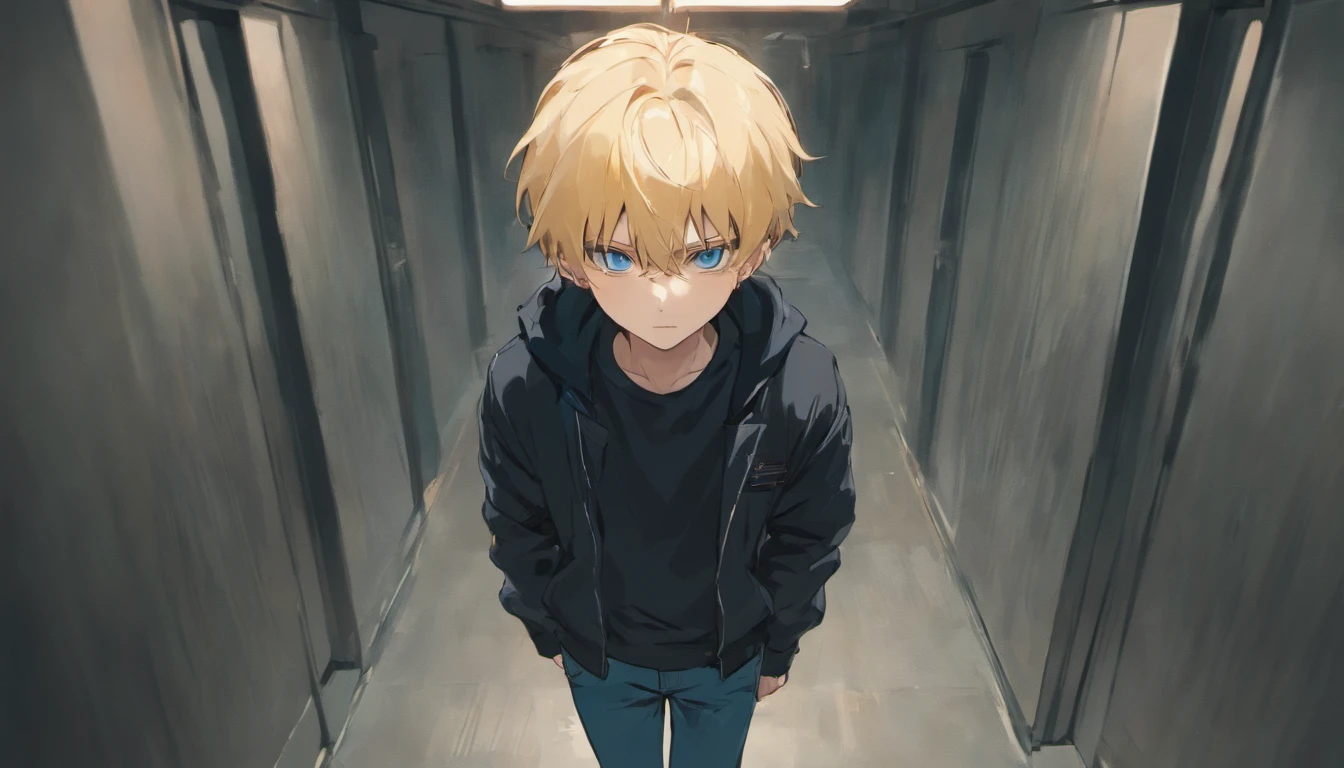 a teenager boy with blonde hair blue eyes, walking, black jaket, blue jeans, face down, school corridor, illustrations, 4k, face only, from the front, inner devil, vibe dangerous evil red