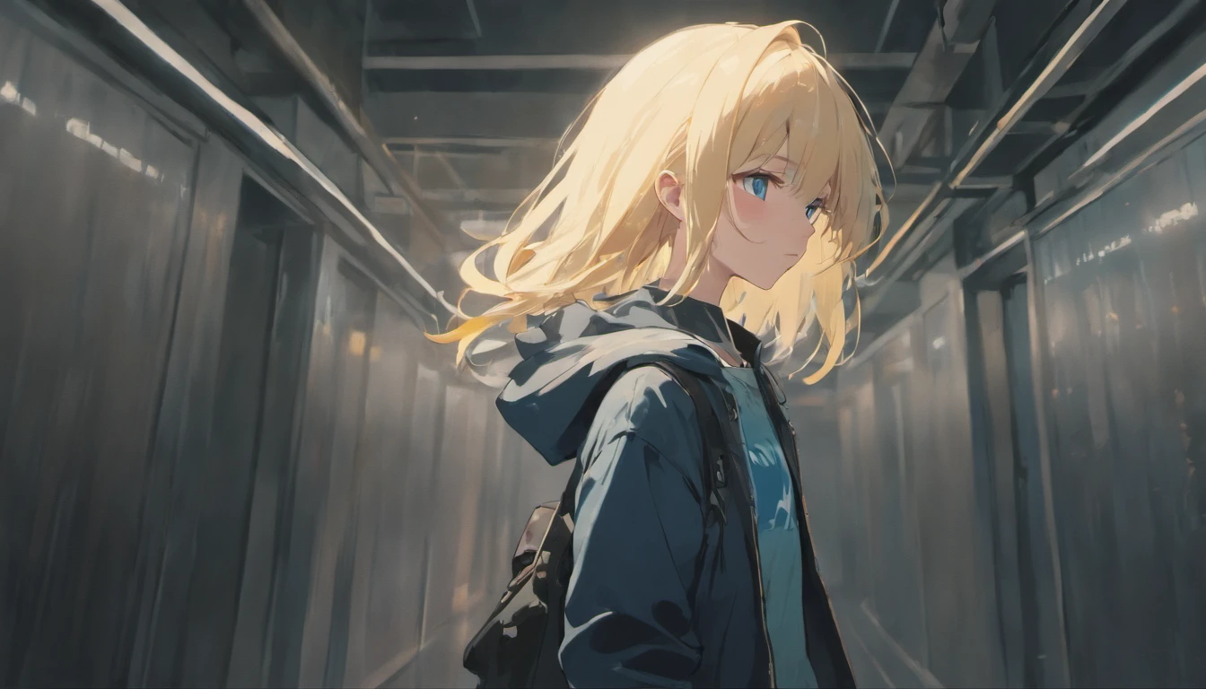a teenager boy with blonde hair blue eyes, walking, black jaket, blue jeans, face down, school corridor, illustrations, 4k, face only, from the front, inner devil, vibe dangerous evil red