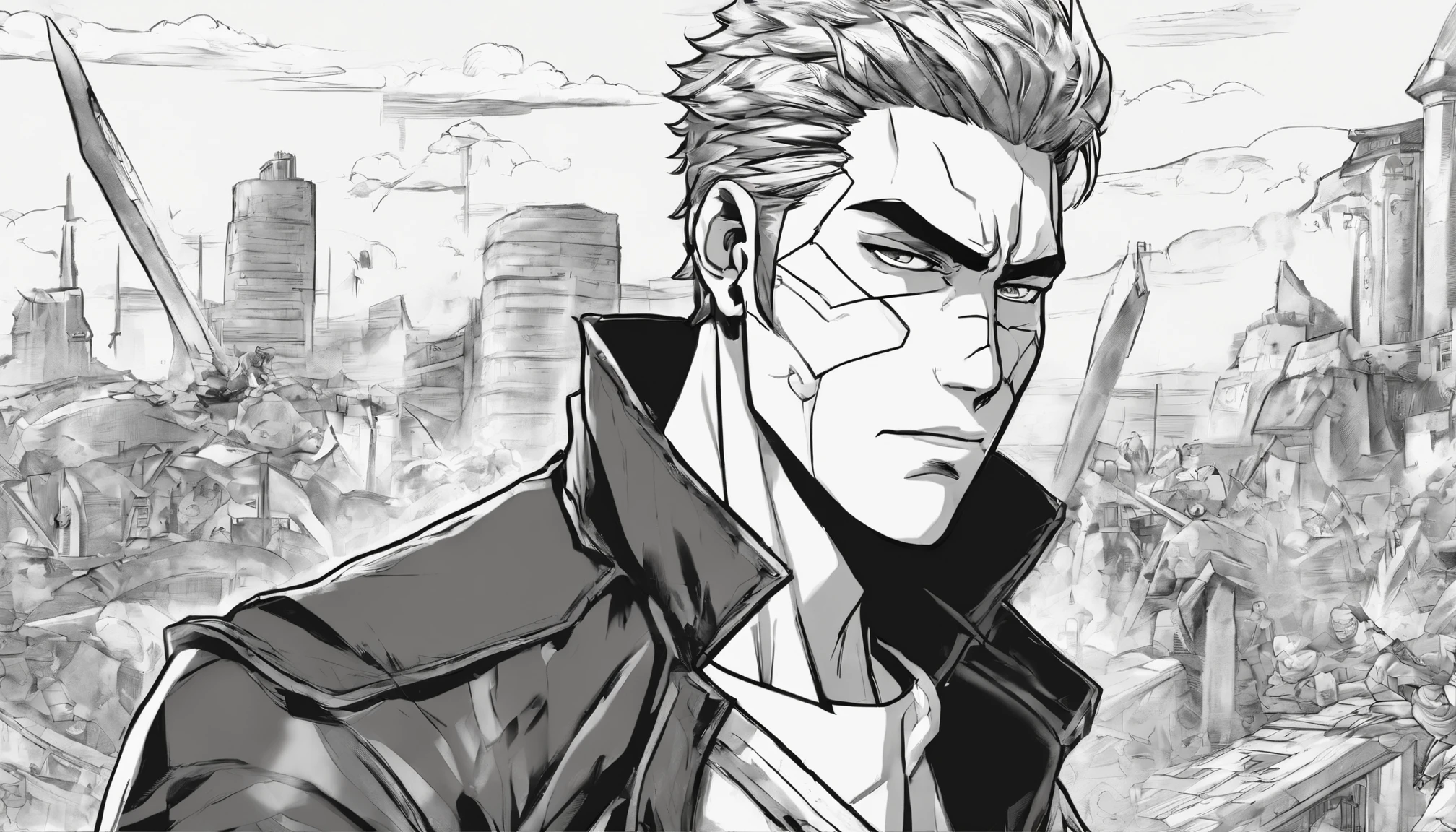 An 8K image of a stylish and eye-catching anime hero in a black and white filter, showing his actions to save the world, fighting villains and showing kindness. The image has perfect lighting and vibrant illustrations, with maximum quality and attention to detail of the hero's face and human features. The character is portrayed in a post-apocalyptic setting of destruction and terror, ensuring maximum realism and easy understanding of the character and his surroundings.
A visually stunning and highly detailed 8K image of a male anime hero, retratado em preto e branco com uma roupa distinta e atraente. The image captures the hero's sequential actions to save the world, fight villains and show kindness. The illustration displays creative, easy-to-understand representations of the character's face and human traits, in a realistic and apocalyptic scenario of destruction and terror.
A high-quality black and white image with 8K resolution, showing a charismatic and stylish male anime hero. The image captures the hero's sequential acts to save the world, waging epic battles against villains and demonstrating kindness. Illustrations prioritize creativity and clarity, allowing easy understanding of the character and his surroundings. The hero is depicted in an eye-catching outfit, Set in a post-apocalyptic landscape of destruction and terror, with maximum realism and detail.
(2) Prompt revisado:
Create an 8K black and white image of a male anime hero that embodies style and charisma. The image should show the hero's sequential actions to save the world, fight villains and show kindness. Must feature vibrant illustrations with perfect lighting and maximum quality. The character's face and human features should be highly detailed and easily recognizable. The hero should be portrayed with a captivating and attractive outfit. The surroundings should represent a post-apocalyptic end-of-the-world scene