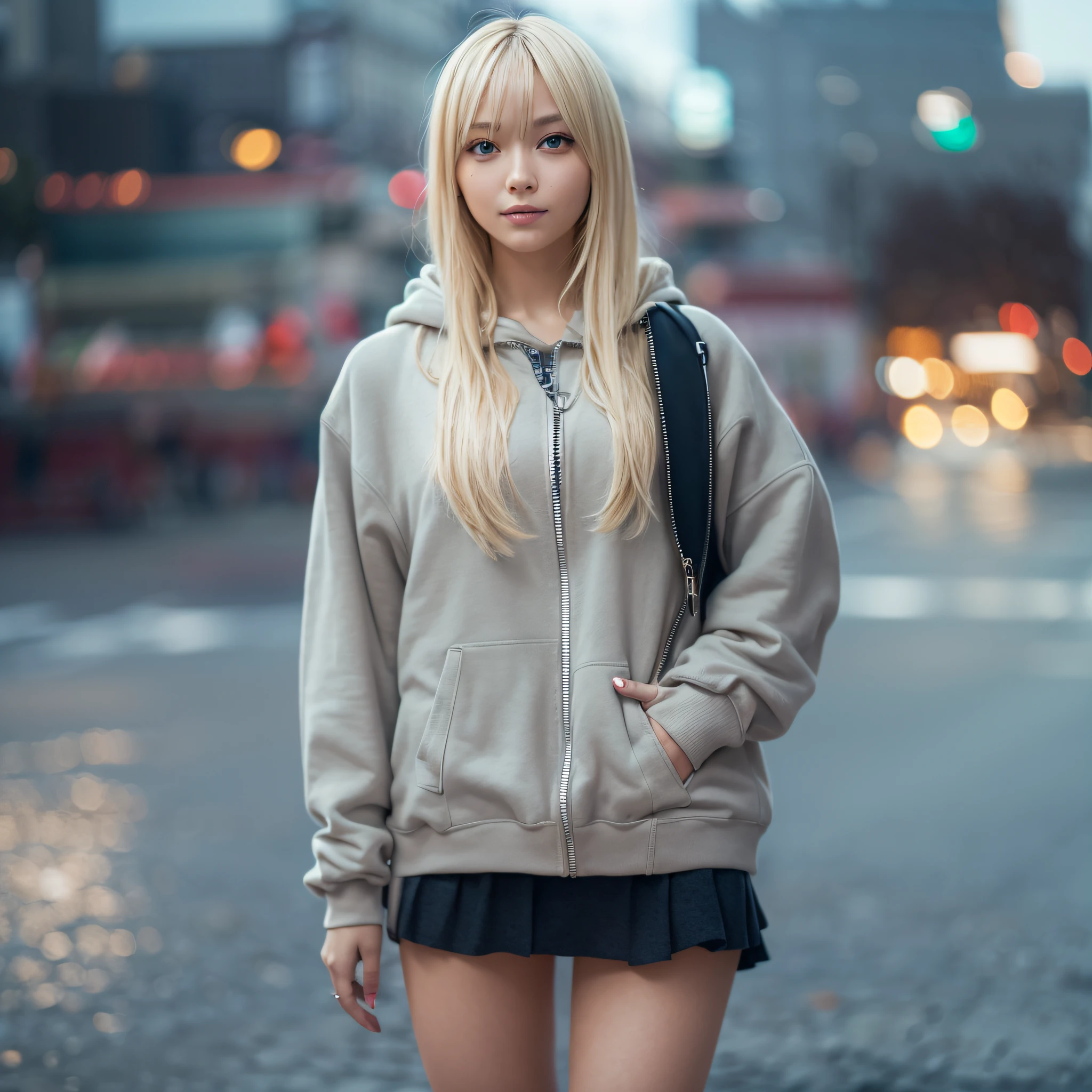 masutepiece, Raw photo，High resolution，Best Quality，High Definition, Perfect composition, Perfect face, Perfect body, 16k，Cinematic lighting，(Ultra-detailed,Photorealistic:1.37)，Russian，a blond，Twin-tailed, asymmetrical bangs, Nipple Patch, a miniskirt，zettai_ryouiki，Smile,Late Night Big City，fully body photo，Second-hand fashion，