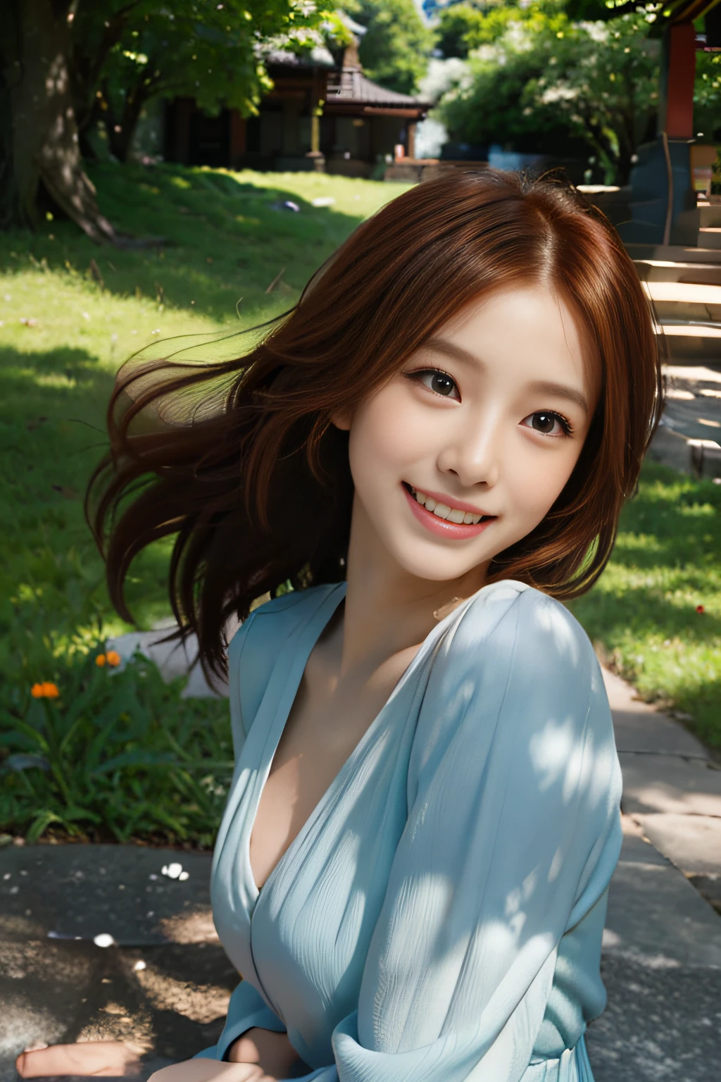 (best quality, realistic, photorealistic:1.37), outdoors, a beautiful girl, smiling, adorable smile, red hair, wearing a dress with a hat on the street, sunny day, vibrant colors, lush greenery, blooming flowers, soft breeze, joyful atmosphere, picturesque background, charming rustic buildings, cobblestone path, lively cityscape, bustling street, blue sky, fluffy clouds, warm sunlight, gentle shadows, joyful expressions on people's faces, cheerful ambiance, carefree and relaxed vibe, happy and carefree mood