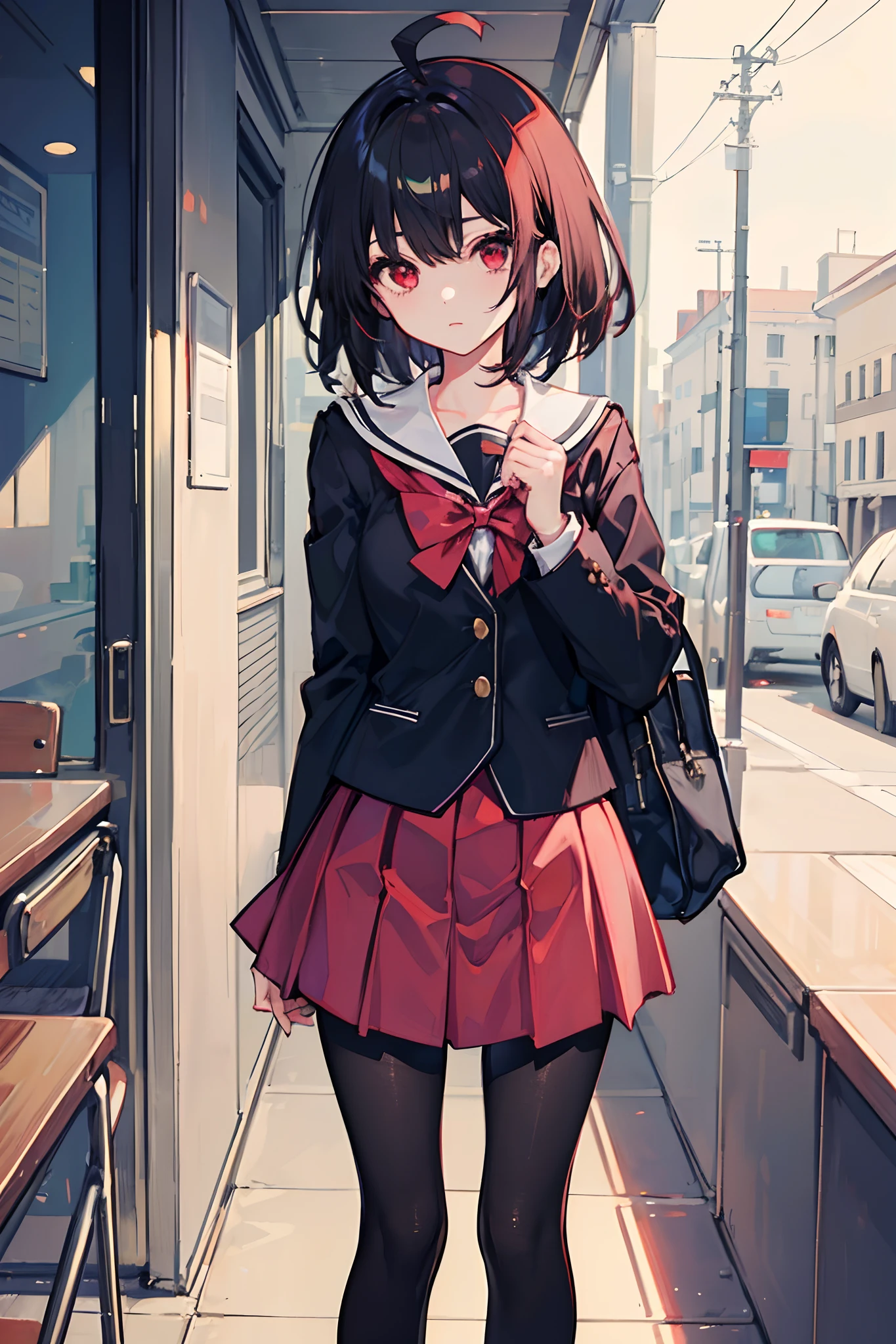 Masterpiece, Best quality, a beauty girl, Medium hair, Black hair, ahoge, Red eyes, Black pantyhose, school uniform,