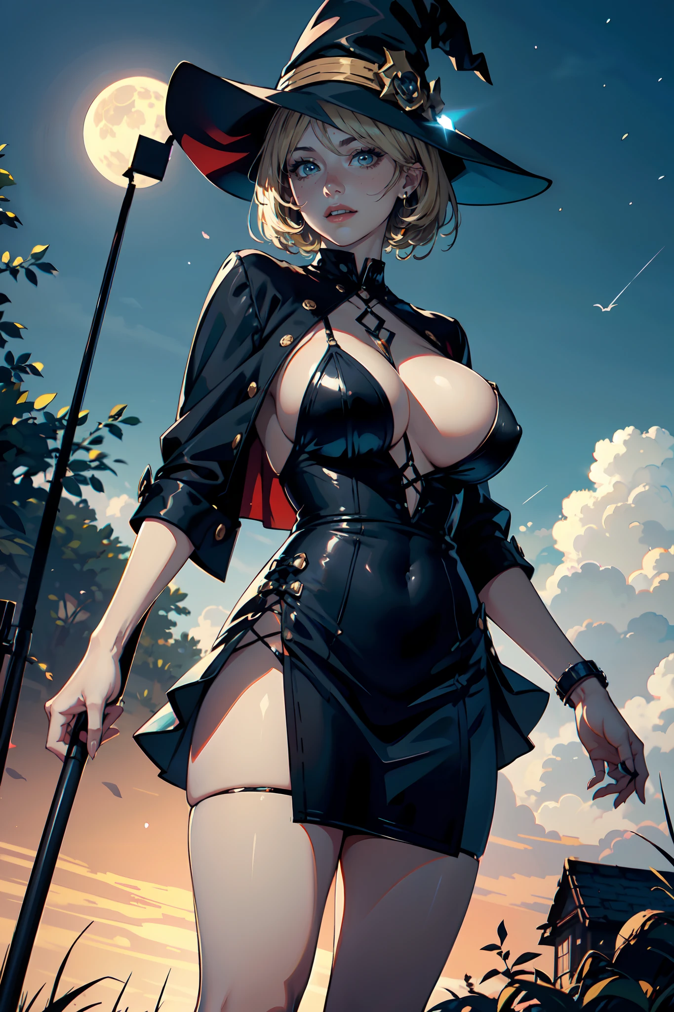 The photo was taken in a halloween background, and you can see the moon. The girl on focus, She is with facing the camera. She is standing and you can see her holding a staff. She is wearing a witch costume, with a very pointy hat, which is very nice, for roleplay porpuses, revealing her body, she has a black dress, and you can see her on her pretty outfit, so she looks really good. She is very excited and naugthy, and her shouldes are bare, she has huge breast, that are massive and insanely big. With a very clear sky. Her hair is blonde and short, with colored streaks, or blonde multicolored hair, which is short. She is reaching for the viewer with her hands, and she is very excited and happy, she has an evil grin, or maybe not. The shadows in the photo are impressive. The girl is illuminated perfectly. The rest of the photo is perfect with a very white background. This creates a sense of pleasure and intrigue. The colors are all vibrant and satisfying to look at. The face is very realistic, and she is very detailed as well, she is appealing to look at. The general mood of the photo is sensual and alluring. The girl is the center of attention of the photo, And its beauty is undeniable. The beautiful setting and dramatic colors create a sense of hypnosis and excitement. This photograph is a perfect example of professional cinematic photography. It is well lit, well-proportioned, And the theme is absolutely amazing. It is sure to attract the attention of anyone, Who will see it. You could put a ornaments in her hair. Whatever, As a result, the photo will be composed?, It is sure to be a stunning and memorable image.