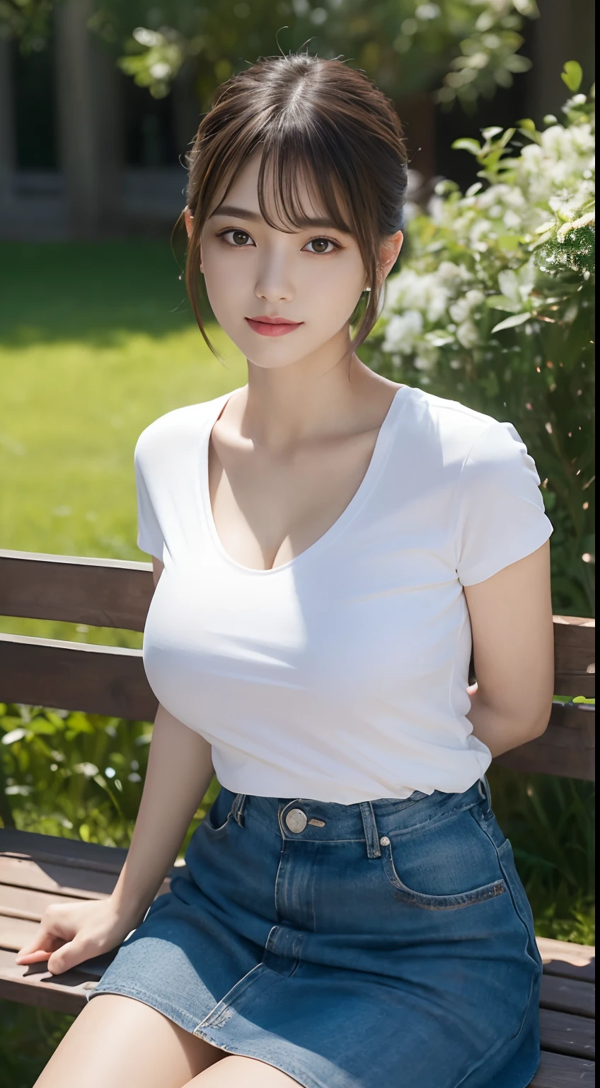 4D, (8K, Highest Quality, masutepiece: 1.3), (Realistic, Photorealistic: 1.4), Ultra high definition, 1 girl, (Japanese female), (hanging breasted), (high-definition cute face), (White T-shirt), (1 obliquely cross body bag: 2), park bench, Professional Lighting, high-definition fingers, High-definition eyes, High-definition teeth, Upper body