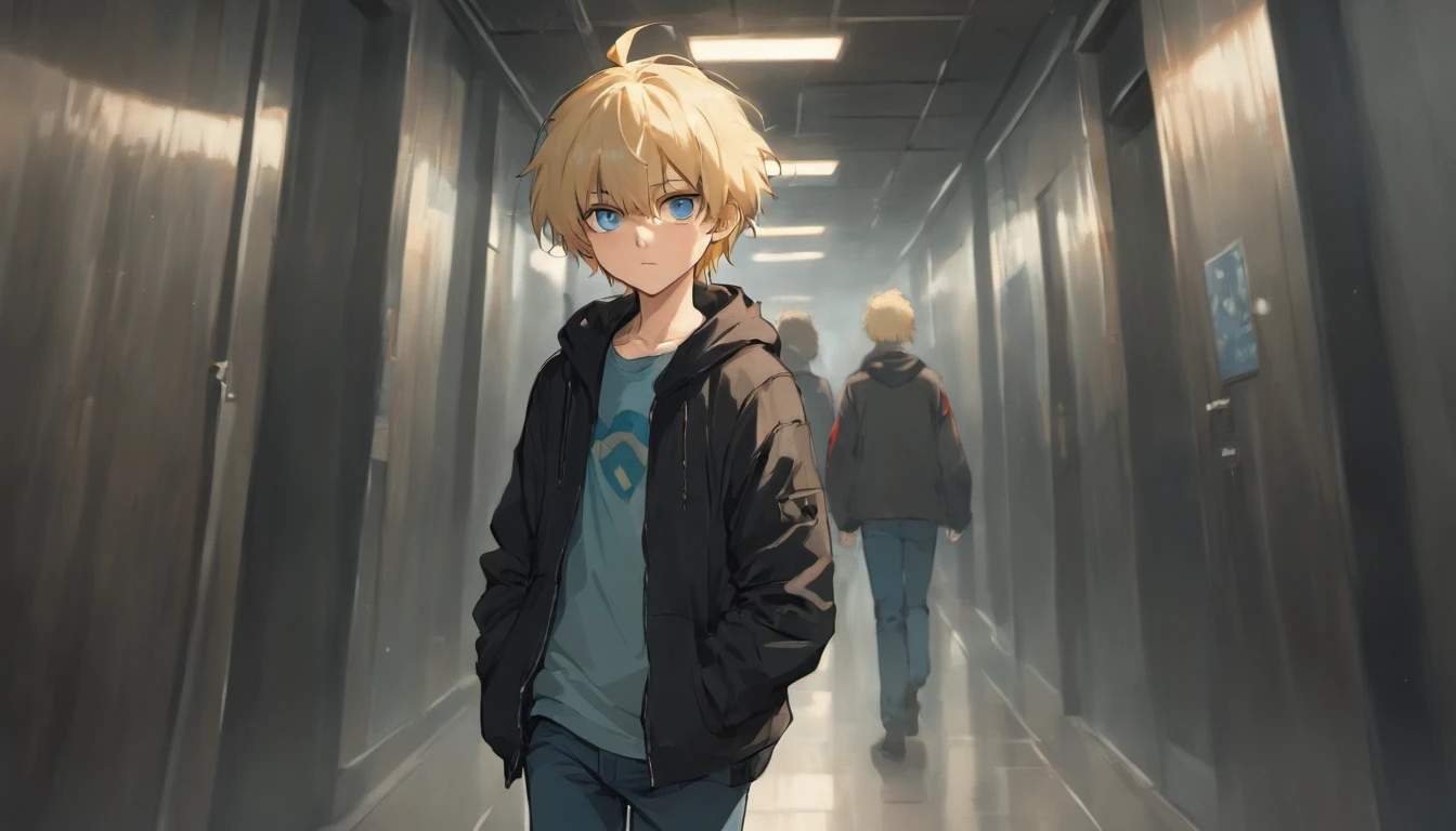 a teenager boy with blonde hair blue eyes, walking, black jaket, blue jeans, face down, school corridor, illustrations, 4k, face only, from the front, devil shadow in wall, less light
