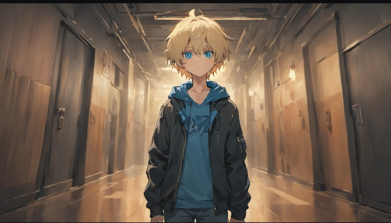 a boy with blonde hair blue eyes, walking, black jaket, blue jeans, face down, school corridor, illustrations, 4k, face only, from the front, devil shadow in wall, less light