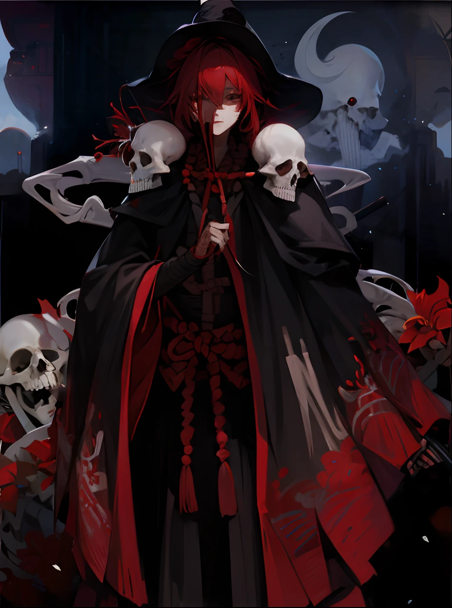 swordsman,Bloodstained cloak,A red straw hat,cover half of face,red - eyed,skeleton head,amaryllis,red string,The sword,Red beads,ronin,Face wrapped in bandages,pale