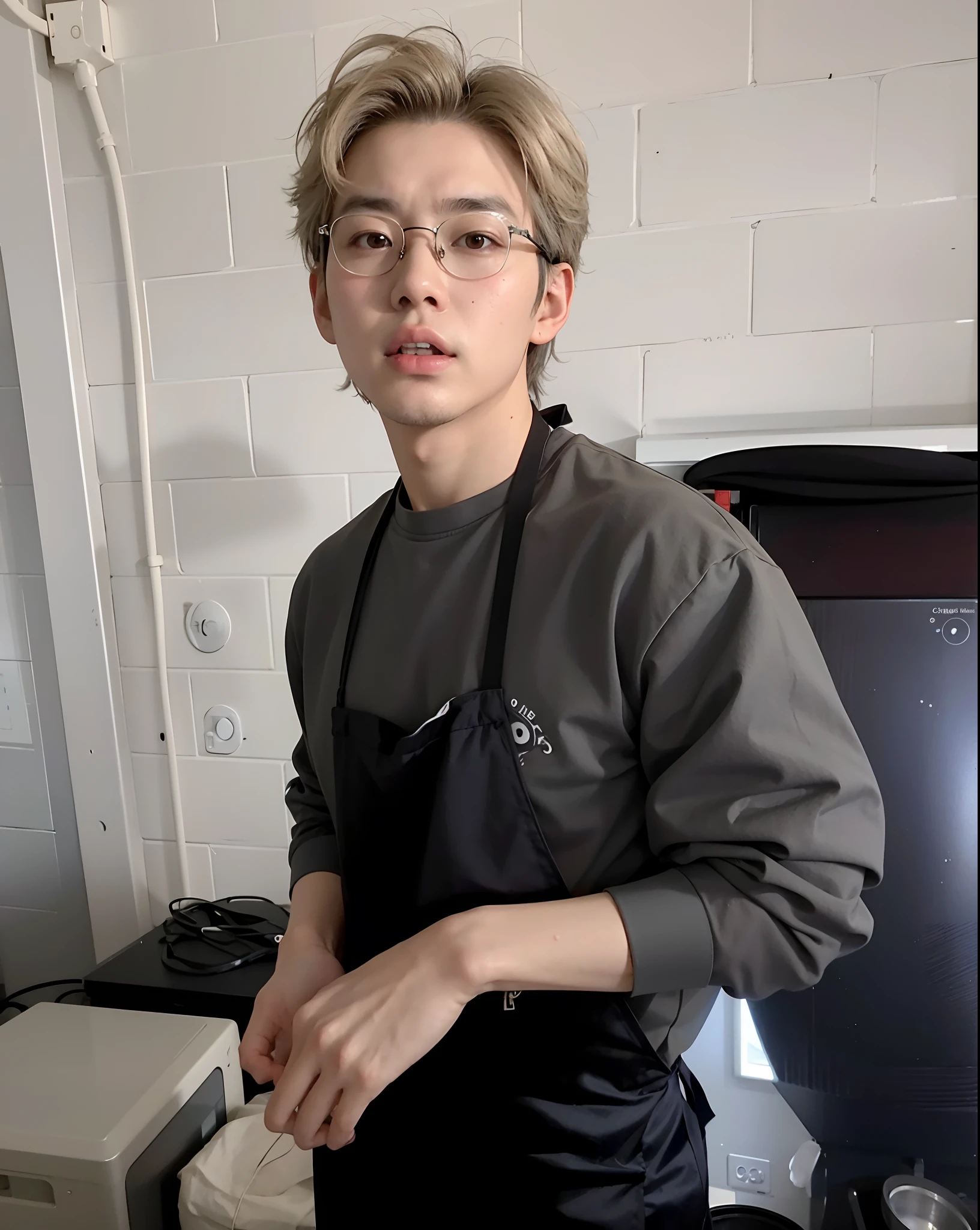 There's a man standing in a kitchen with a black apron on, Cai Xukun, XQC, With eye Glasses, Taehyung comendo batatas fritas Gucci, TaeJune Kim, with glasses on, Yanjun Chengt, solo portrait 🎨🖌️, !!wearing glasses!!, Jung Jaehyun, Retrato de Jossi de Blackpink, Hyung Tae, Steven Jung, wearing glasses