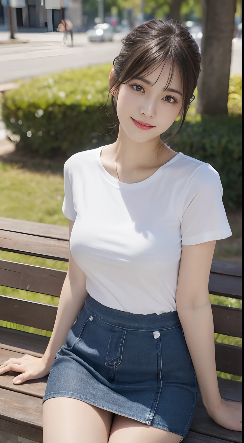 Innocent 20 year old girl、((skirt by the, white t-shirts,Dramatic poses)),Smile,short-cut,Big breasts 1.5、Park background、Raw photo, (8K、top-quality、masterpiece:1.2)、(intricate detailes:1.4)、(Photorealsitic:1.4)、octane renderings、Complex 3D rendering ultra detail, Studio Soft Light, Rim Lights, vibrant detail, super detailing, realistic skin textures, Detail Face, Beautiful detail eyes, Very detailed CG Unity 16k wallpaper, make - up, (detailedbackground:1.2), shinny skin, Full body、From head to thigh、cleavage of the breast,((sit on a bench))