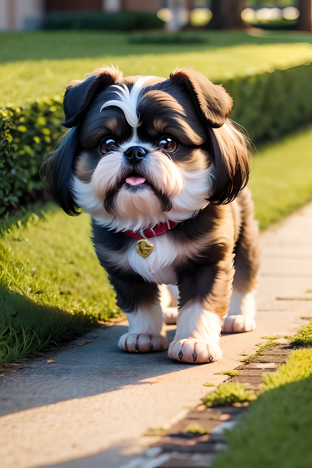 cachorro shih tzu de cor clara caminhando no jardim