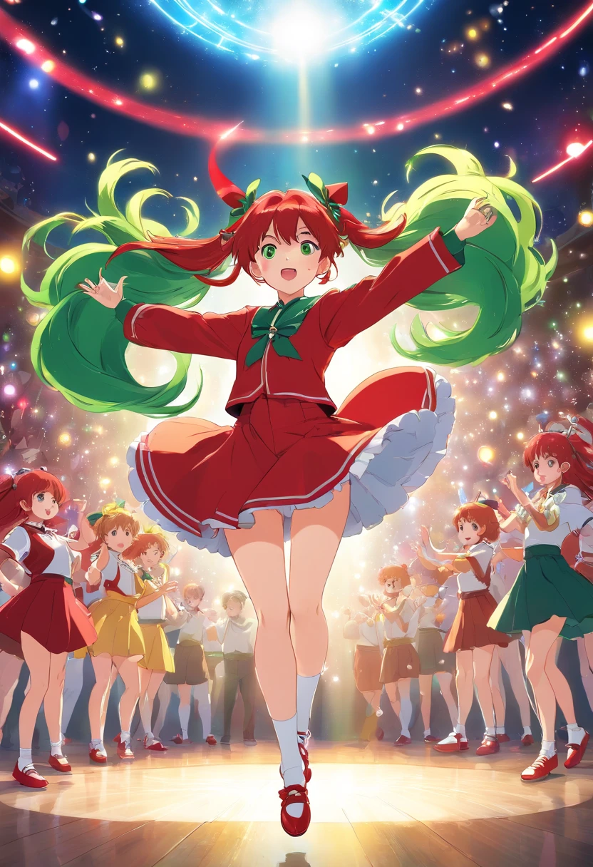 1idol girl is singing and dancing, red uniform, red hair band, white shoes, long hair, green hair, bright green eyes, music studio, thousands of spectators, light sticks, very detailed