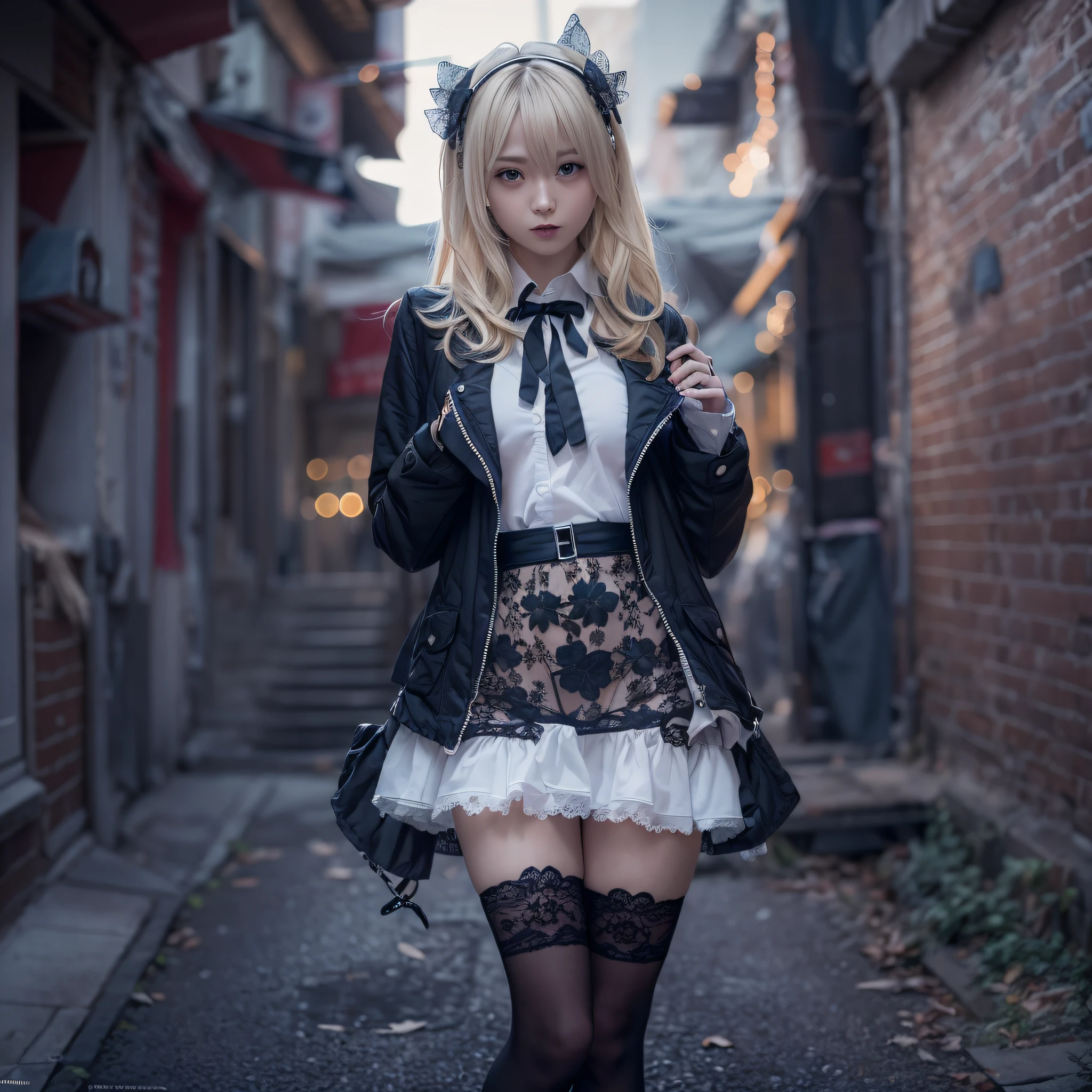 masutepiece, Raw photo，High resolution，Best Quality，High Definition, Perfect composition, Perfect face, Perfect body, 16 K，Cinematic lighting，(Ultra-detailed,Photorealistic:1.37)，Russian，a blond，Twin-tailed, asymmetrical bangs, Nipple Patch, a miniskirt，zettai_ryouiki，Smile,Late Night Big City，fully body photo，Captivating chillerism，Sensual chillerism，Gothic lolita，