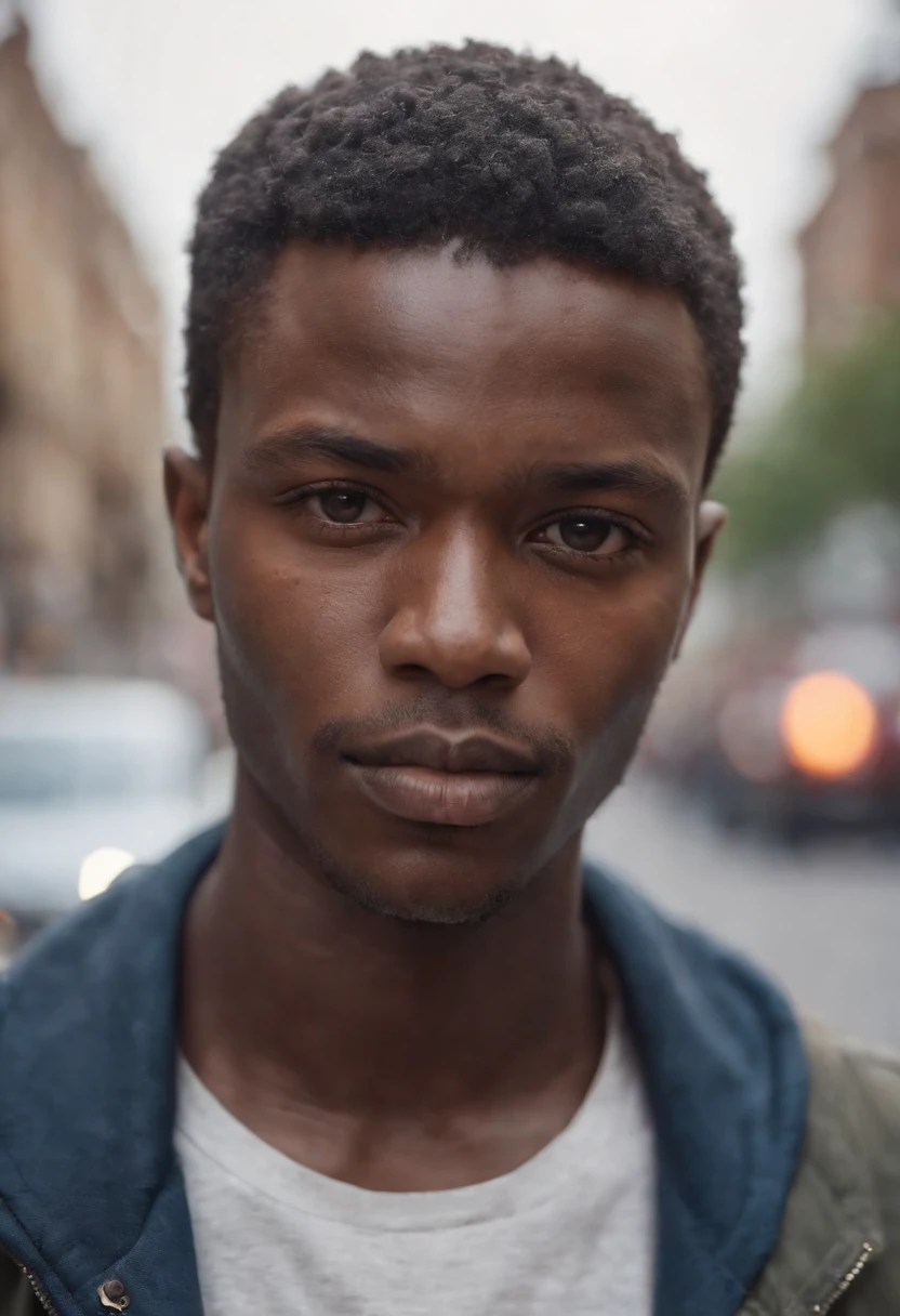 Close-up portrait of the head of a young African man in the street, press papers scattered around his head, very realistic, fantastic, Shot with a professional camera with moderate depth of field