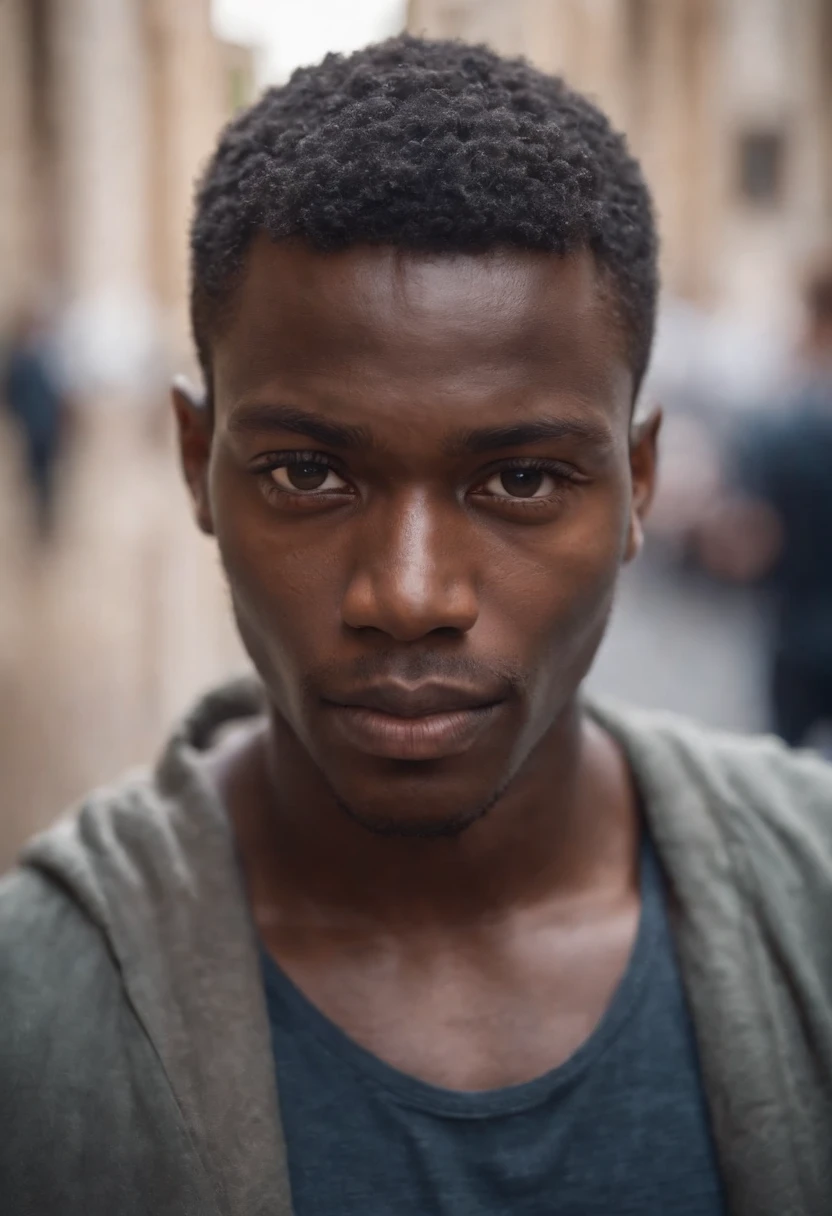 Close-up portrait of the head of a young African man in the street, press papers scattered around his head, very realistic, fantastic, Shot with a professional camera with moderate depth of field