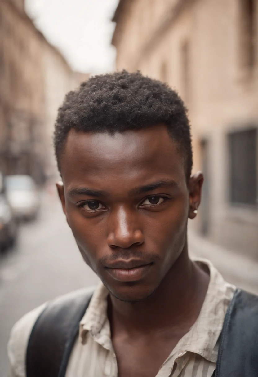 Close-up portrait of the head of a young African man in the street, press papers scattered around his head, very realistic, fantastic, Shot with a professional camera with moderate depth of field