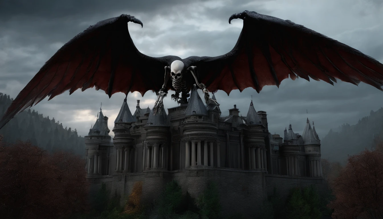 Fine matte paint,Skeleton Dark Angel, Haunted castle with large wings, Fill the drawing table with a knife,terroral,uncanny,horrid,secret terror,tentaculata,grape trees,The eye,uncanny valley effect teeth,all fours,Critters,Blood Moon,4K,high qulity
