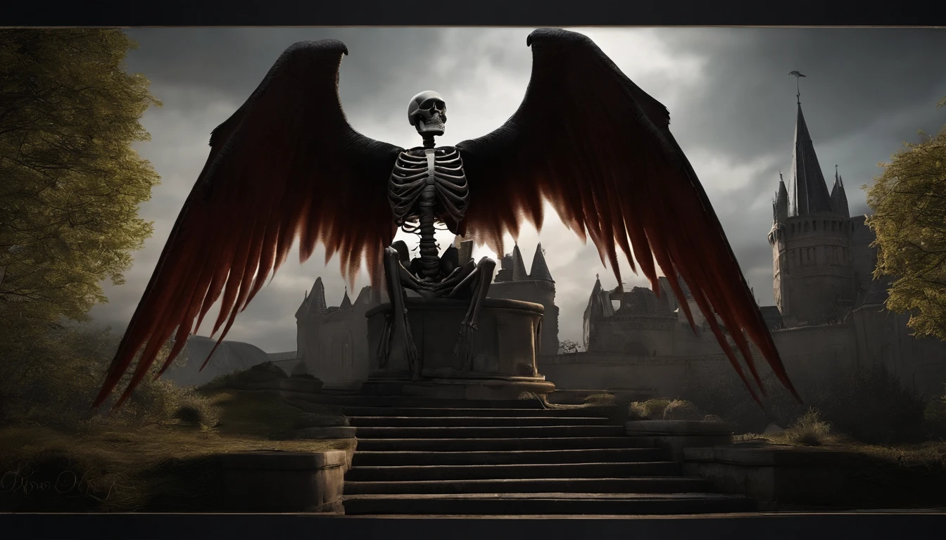 Fine matte paint，Skeleton Dark Angel, Haunted castle with large wings, Fill the drawing table with a knife，terroral，uncanny，horrid，secret terror，tentaculata，grape trees，The eye，uncanny valley effect teeth，all  fours，Critters，Blood Moon，4K，high qulity