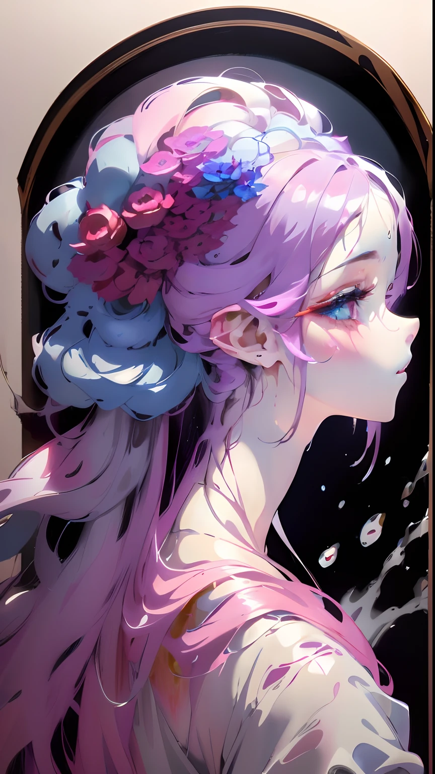 Colorful beautiful girl: a giru 8 , messy hair, oil painting, pretty perfect face with soft skin ice perfect face, blue-yellow, light purple and purple added, light red added, intricate details, splash screen, 8k resolution, masterpiece, cute face, artstation digital painting smooth very black ink flow: 8k resolution realistic masterpiece: Intricate details Fluid gouache: By Jean Baptiste Mongue: Calligraphy: Acrylic: watercolor art, professional photography, natural lighting, volumetric lighting, minimalism Photographic illustration: by Marton Bobzert:, complex, elegant, expansive, fantastical, wavy curls, vibrant