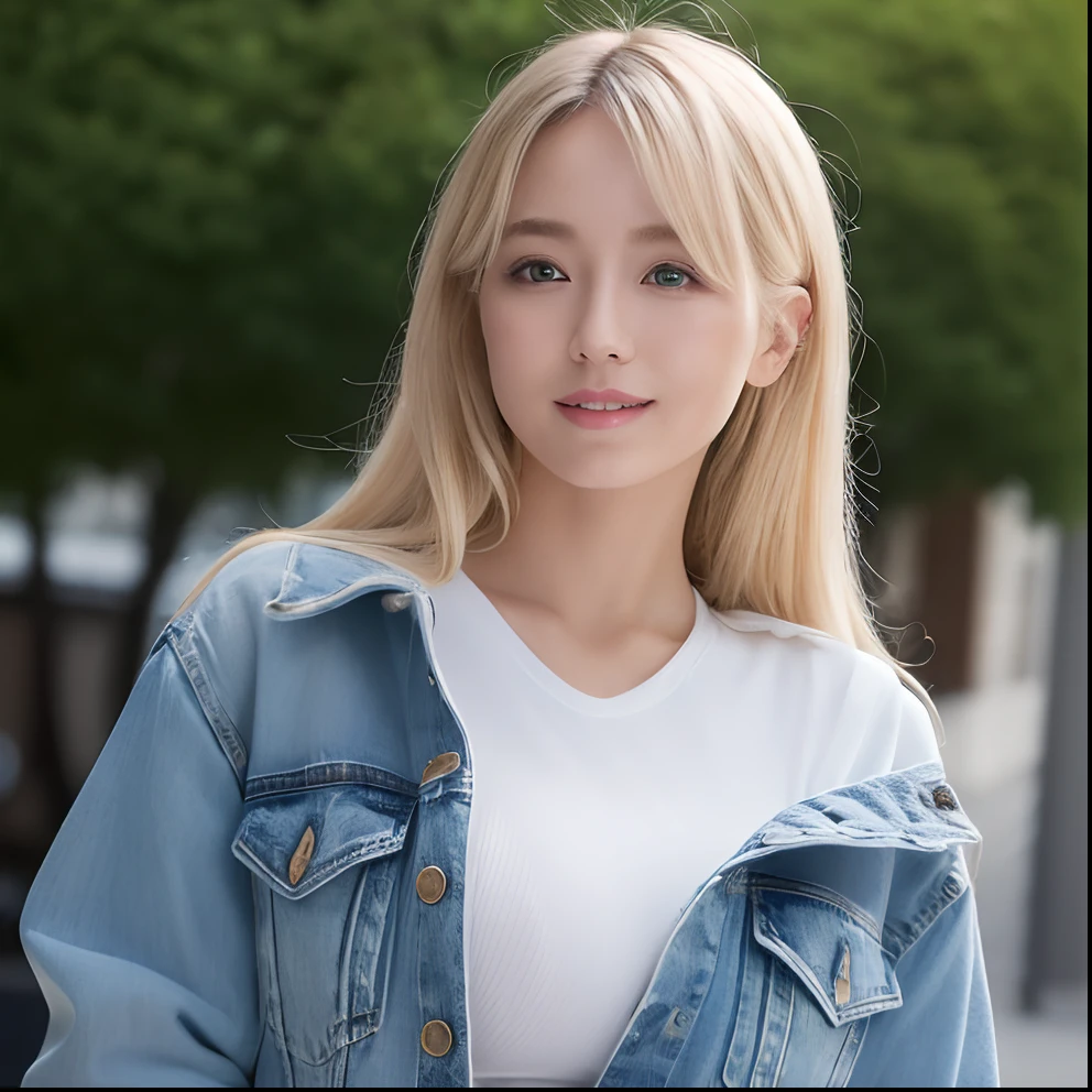 (top-quality、超A high resolution、in 8K、​masterpiece、realisitic、Photorealsitic:1.6)、Nordic beauty、独奏、BREAK、blonde  hair、Longhaire、Arms on hips、(White skin、Colossal tits:1.3、big butts:1.3)、The upper part of the body、detailed hairs、hyperdetailed face、Detailed skin、Lustrous skin、Detailed lips、Smile、Break HA、(White shirt:1.2、Wearing denim:1.3)、leggy、(Beer mug:1.6、uminoie)、Natural lighting