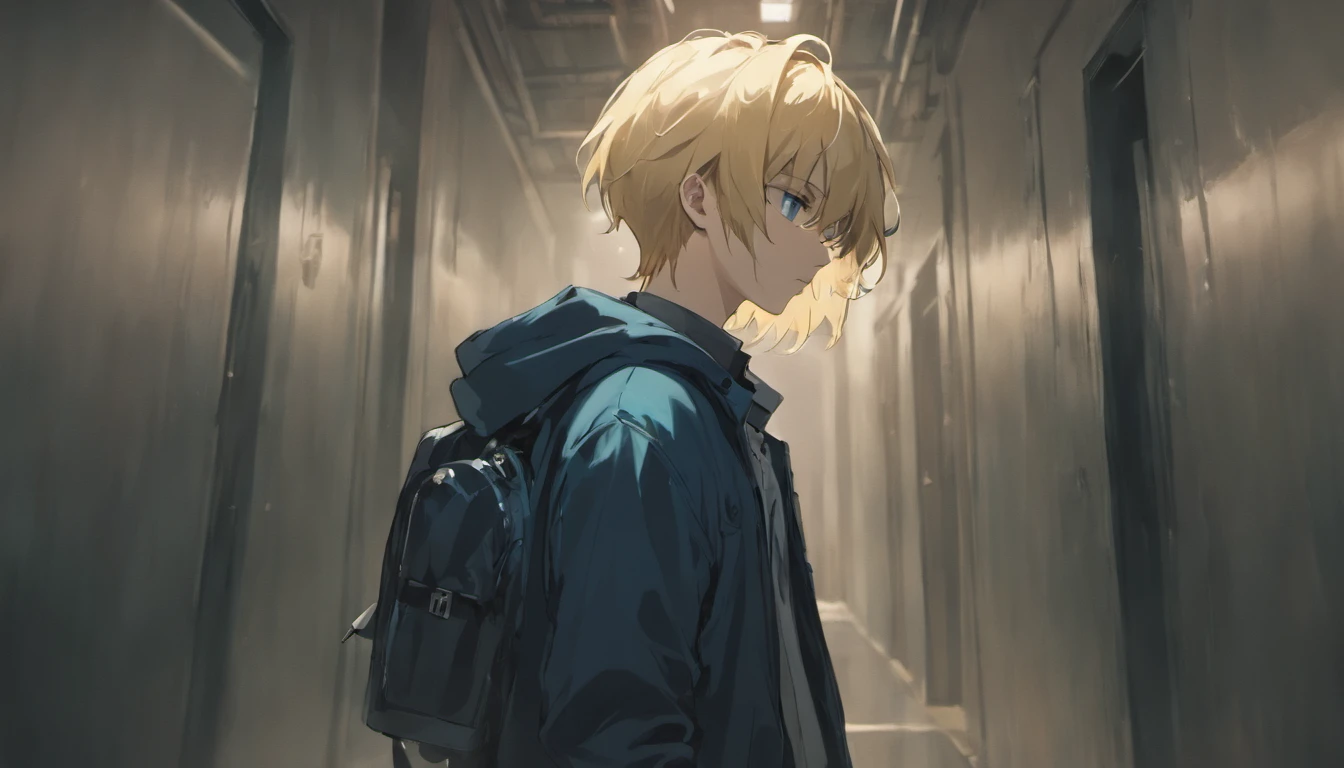 a teenager boy with blonde hair blue eyes, walking, black jaket, blue jeans, face down, school corridor, illustrations, 4k, face only, from the front, (((devil shadow in wall))), less light