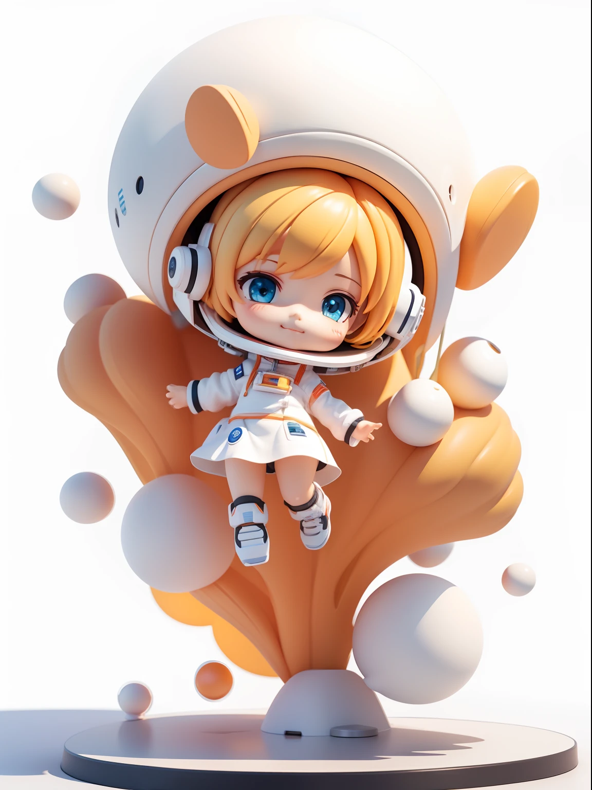 Cute girl ride on spaceship, Smile and cute pose ,Orange and white color, (Cute Astronaut: 1.331), Cute Style, Small, Big Head, 3D Rendering, ((Q Version)), Pokémon style, Machine Style, Cinematic Texture, Figures, Pokémon, Movie Lights, Heavy Robotic Arm, Mechanical Belly, Mechanical Legs, Mechanical Legs, Mechanical Sense,  Spinning, Colorful Lightning, Lightning, Cool, Clean White Background, Ray Tracing, Premium Colors, Full Body 3D Model, Action, Stylish Blind Box Toys. (fill body:1.2)，chibi