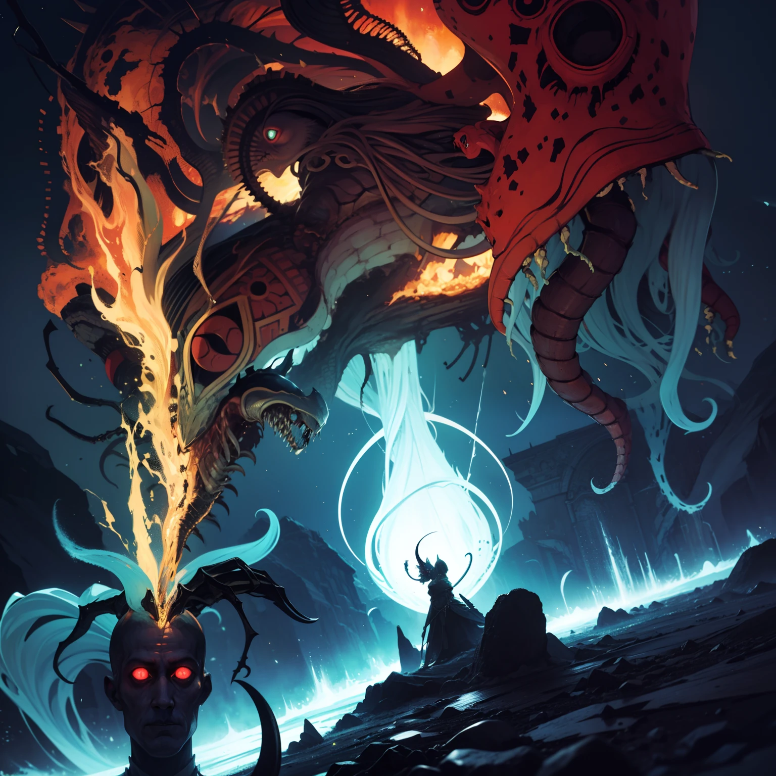 Japanese oni holding a giant katana with dead bodies and skeletons around on the floor and a village on fire behind him