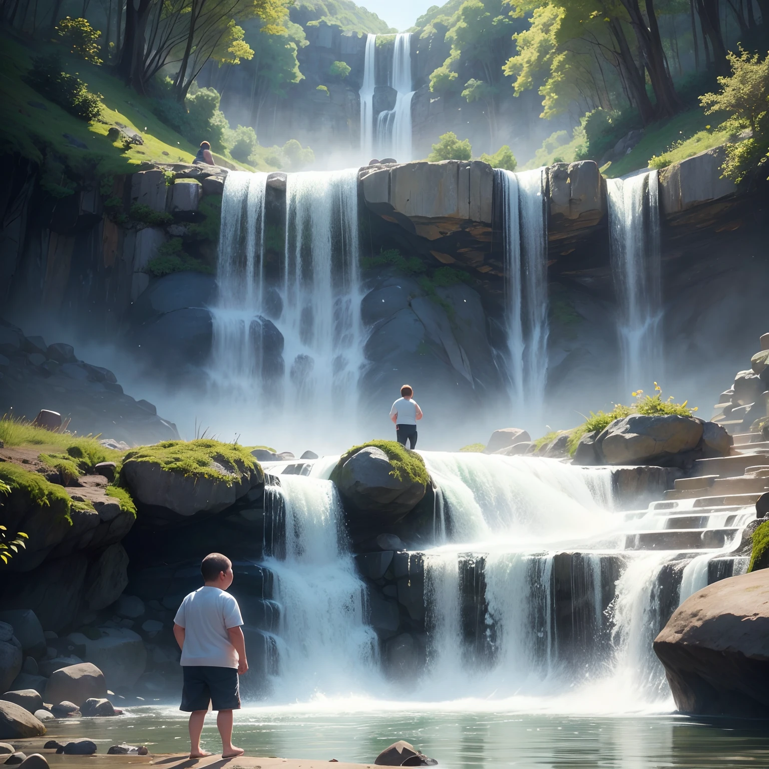 The most beautiful photo little fat boy standards in front of water falls realistic