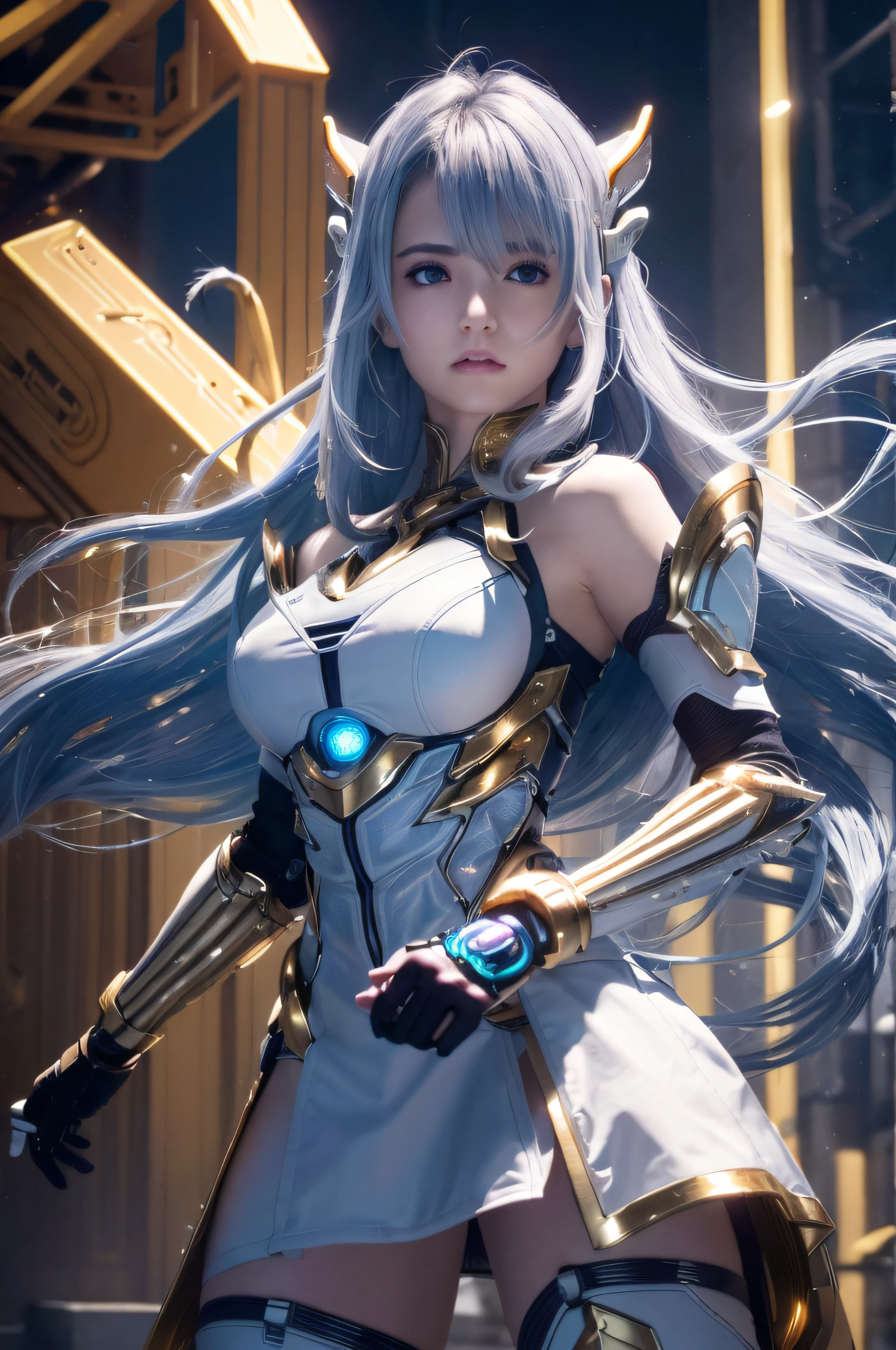 RAW image quality、top-quality、​masterpiece、超A high resolution、(Photorealsitic:1.4)、女の子1人、Light Light Blue Light Hair、Straight hair, shiny and clean hair、White shiny skin、(sideboob barbosa)、Changing clothes、Sexy Cyberpunk Girl、((super realistic details))、Shadow、octan render、ultrasharp、hyperdetailed face、Fiberglass、Luminous tube、highly intricate detail、Realistic light、CGSoation Trends、((Golden Eyes))、(Facing the camera)、neon details、Mechanical limbs、Mechanical vertebrae attached to the back、mechanical cervical attaching to neck、Wires and cables connecting to the head、cosmic background、Rat trail section、((valkyrie))、((Beam Cannon))