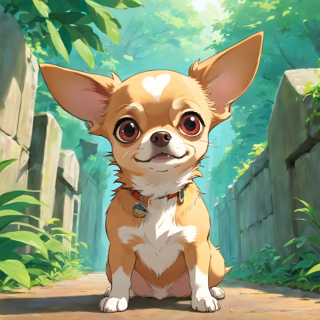 A close up of a small dog sitting on a sidewalk - SeaArt AI