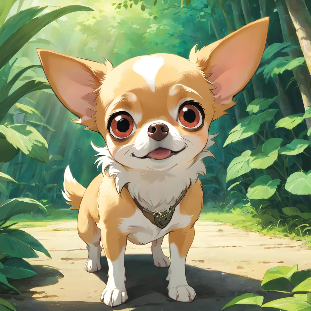 A chihuahua looking into the camera with a look of surprise and confusion, Looking with his head turned sideways, num lindo jardim