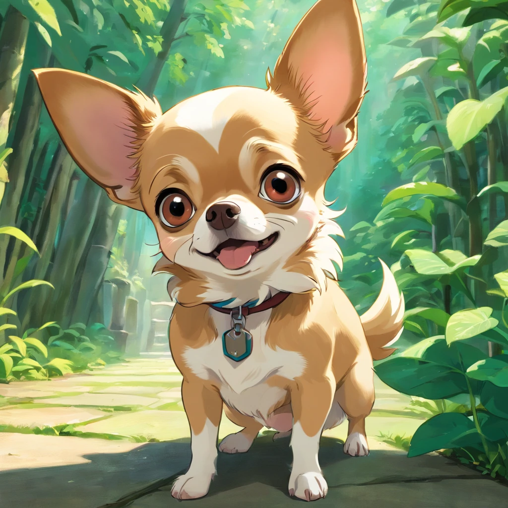 A chihuahua looking into the camera with a look of surprise and confusion, Looking with his head turned sideways, num lindo jardim