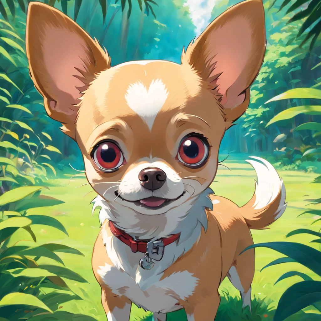 A chihuahua looking into the camera with a look of surprise and confusion, Looking with his head turned sideways, num lindo jardim