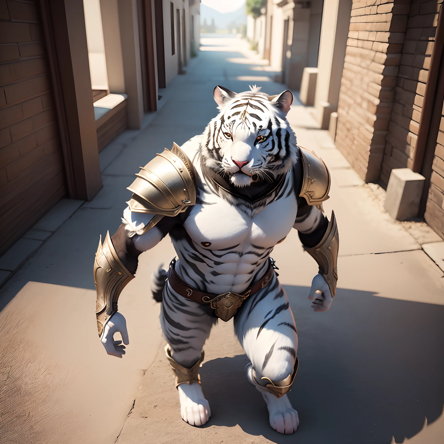 Super cute white tiger warrior in realistic 4K armor, full entire body,Super Detailed, Vray Display, Unrealistic engine, Midjourney Art Style.