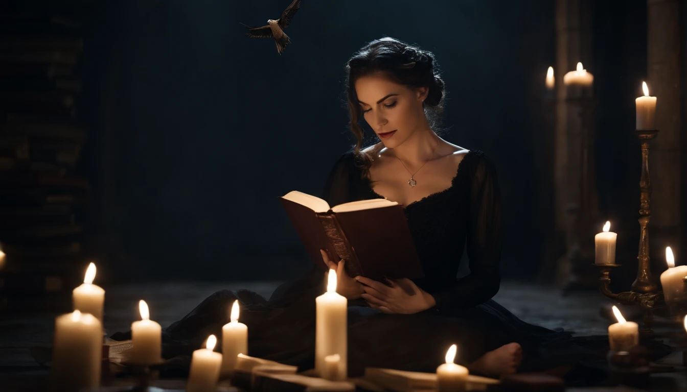 a womone)), sitting on the ground surrounded by books, flying books, books flying around, books swirling around her in a circle, candles in a circle pentagram around her, spell casting, spell book pose, black gothic dress. Angry face, high quality fantasy, flying magic books, book portrait, dramatic reading book pose, reading, sitting in the forrest, night time, moonlight